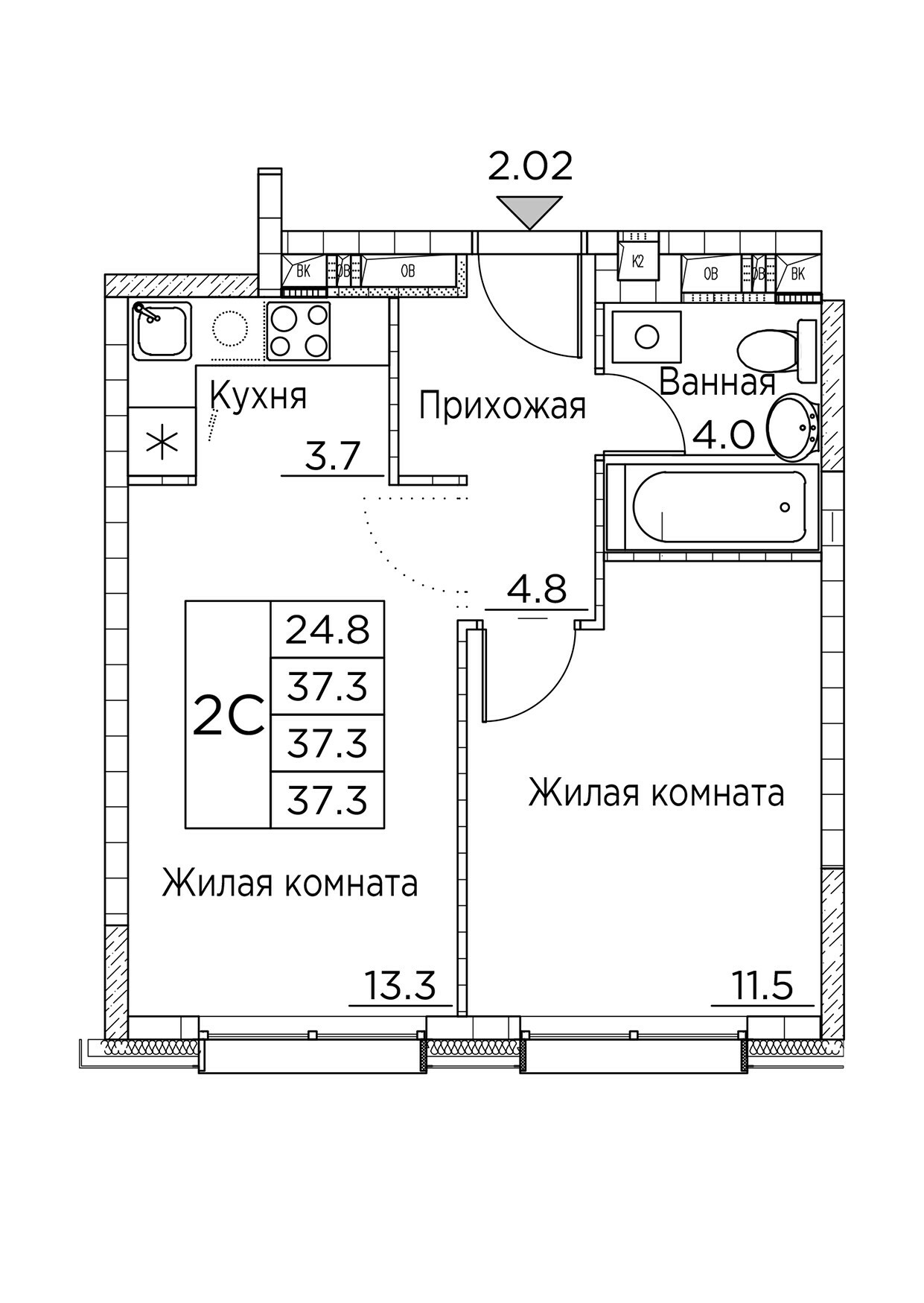 ЖК Гринхилс (Greenhills), 2-комн кв 37,3 м2, за 6 841 319 ₽, 3 этаж