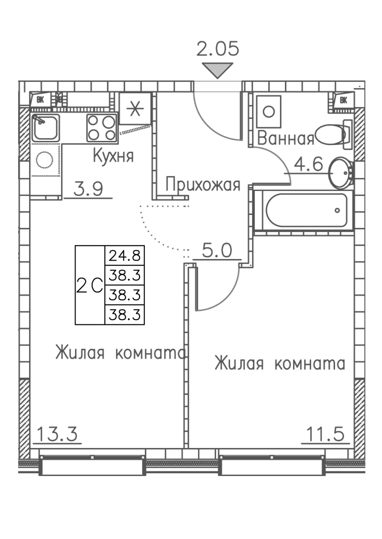 ЖК Гринхилс (Greenhills), 2-комн кв 38,3 м2, за 6 817 400 ₽, 3 этаж