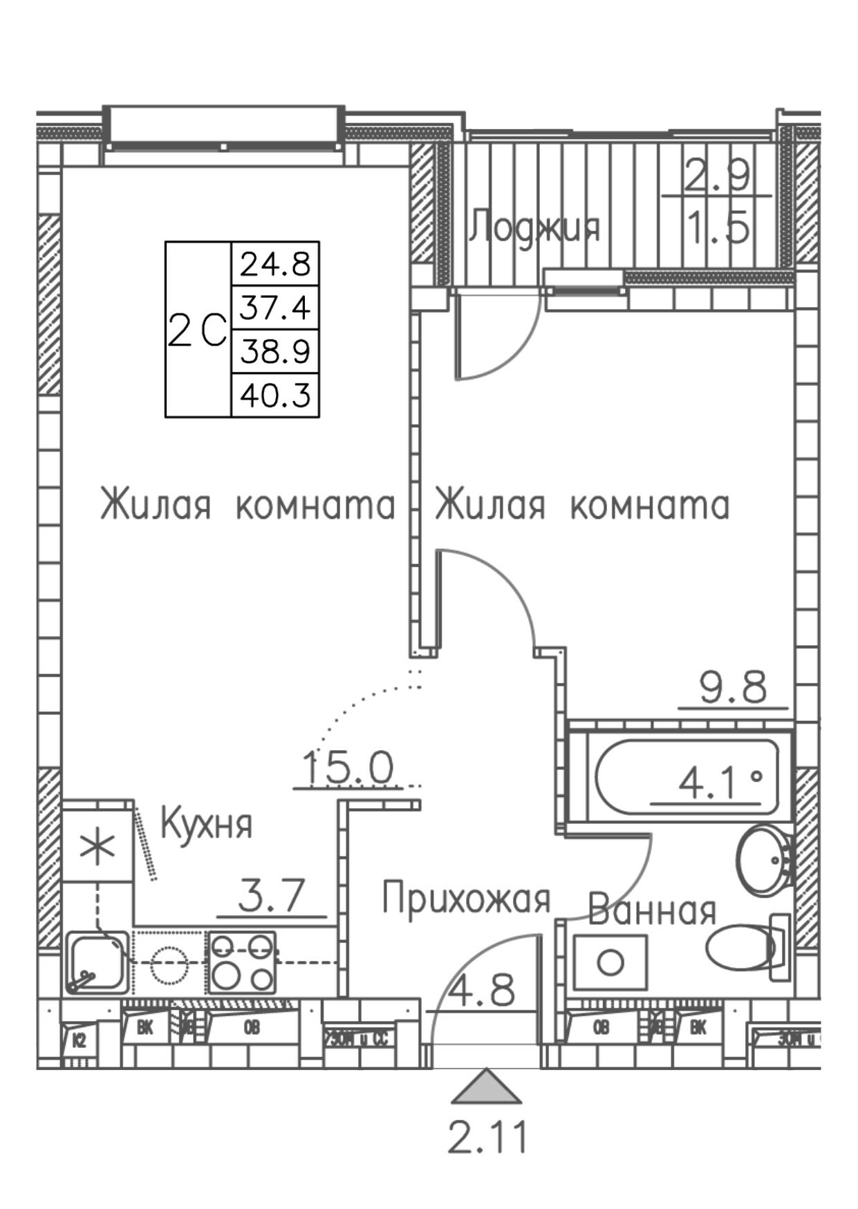 ЖК Гринхилс (Greenhills), 2-комн кв 40,3 м2, за 7 459 396 ₽, 19 этаж