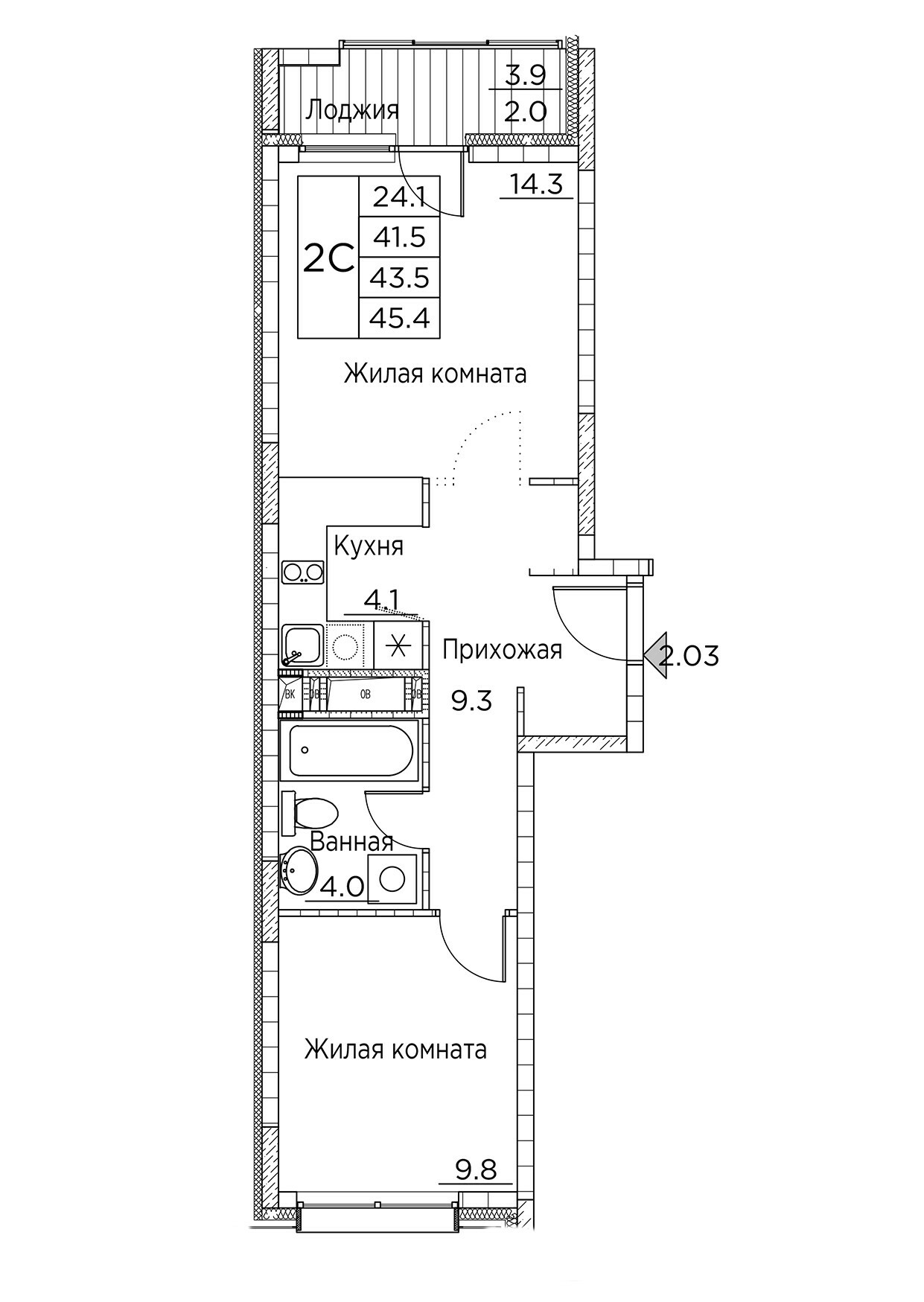 ЖК Гринхилс (Greenhills), 2-комн кв 45,4 м2, за 8 326 967 ₽, 3 этаж