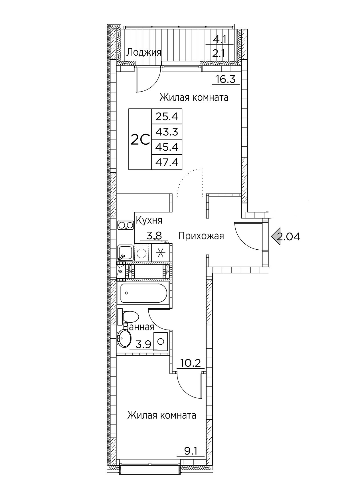 ЖК Гринхилс (Greenhills), 2-комн кв 47,4 м2, за 8 806 496 ₽, 3 этаж