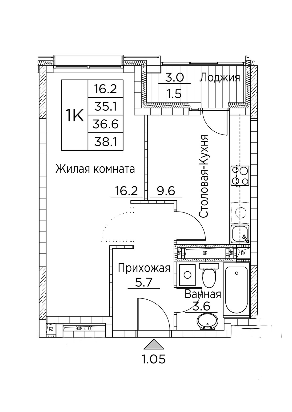 ЖК Гринхилс (Greenhills), 1-комн кв 38,1 м2, за 7 238 331 ₽, 3 этаж