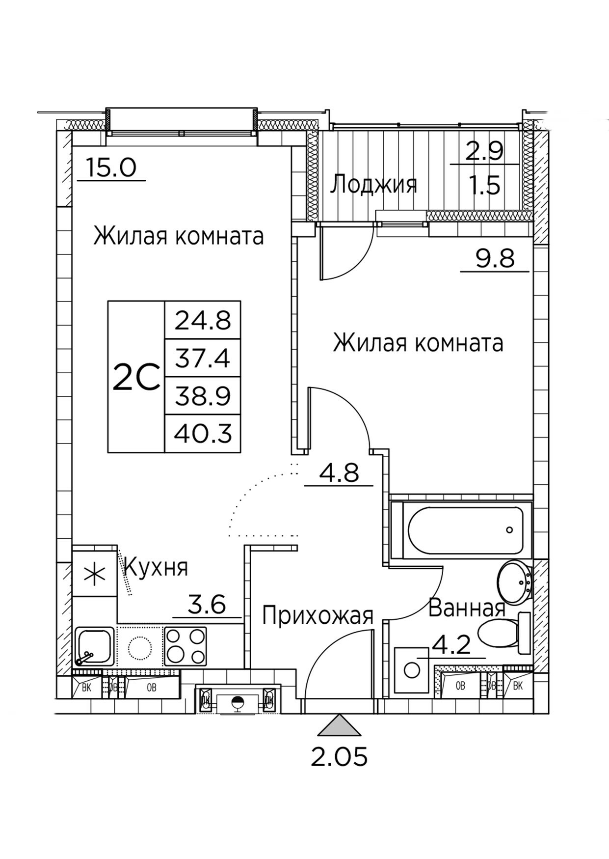 ЖК Гринхилс (Greenhills), 2-комн кв 40,3 м2, за 7 391 559 ₽, 3 этаж