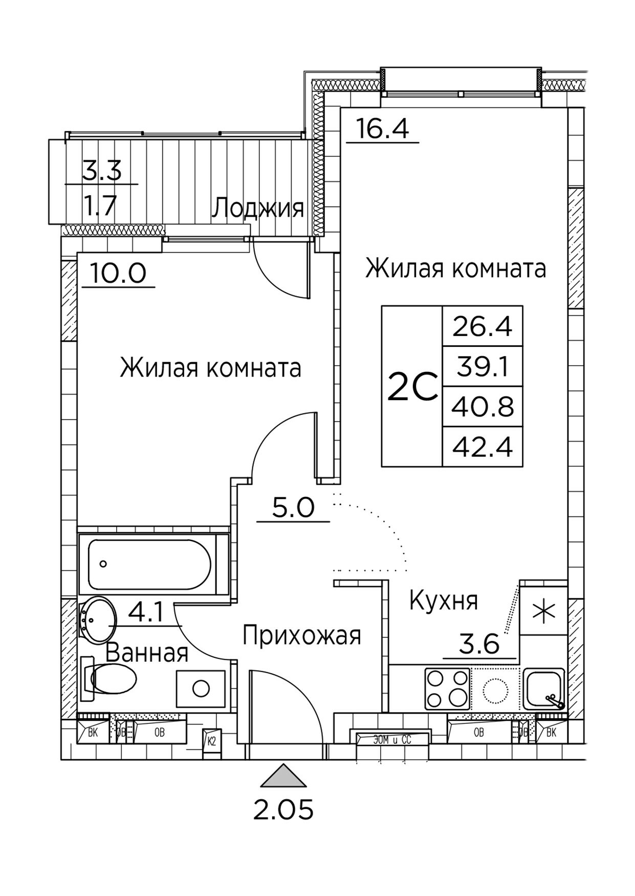 ЖК Гринхилс (Greenhills), 2-комн кв 42,4 м2, за 7 877 541 ₽, 3 этаж