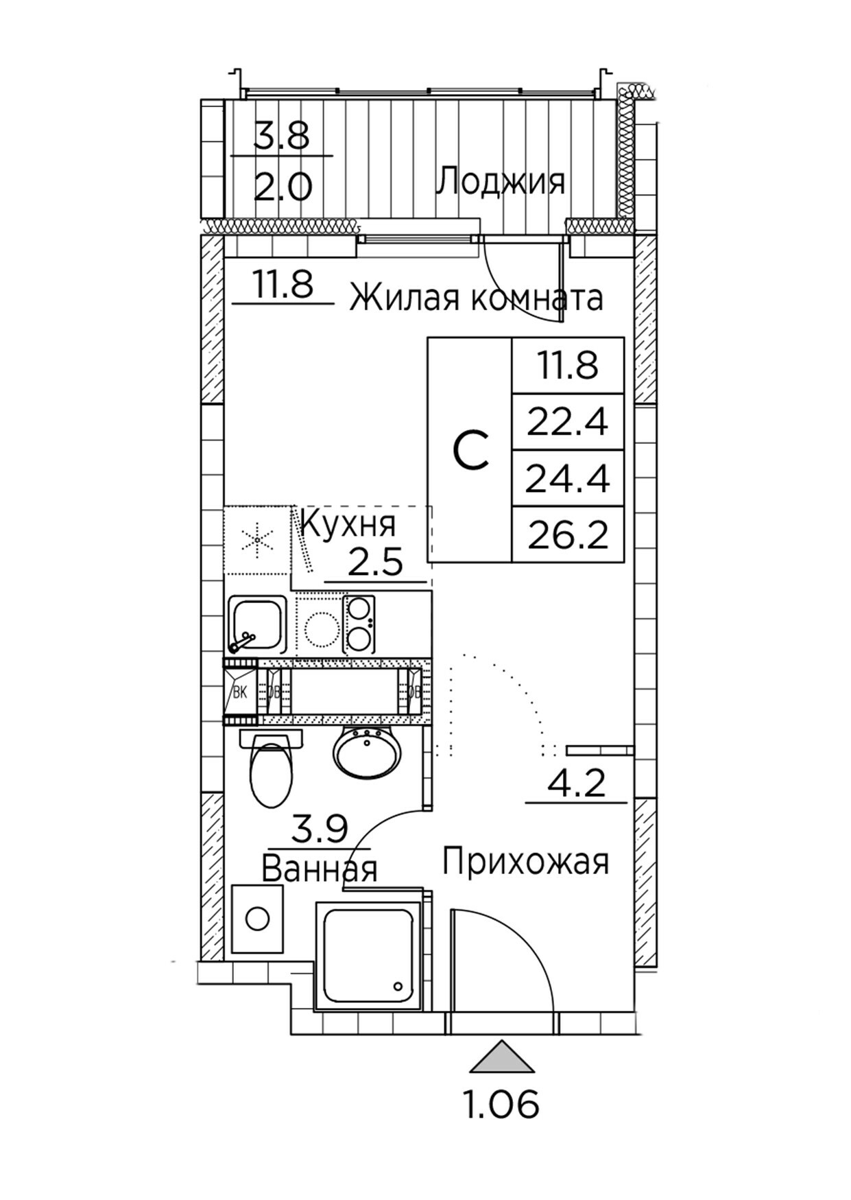 ЖК Гринхилс (Greenhills), Студия 26,2 м2, за 5 283 312 ₽, 3 этаж