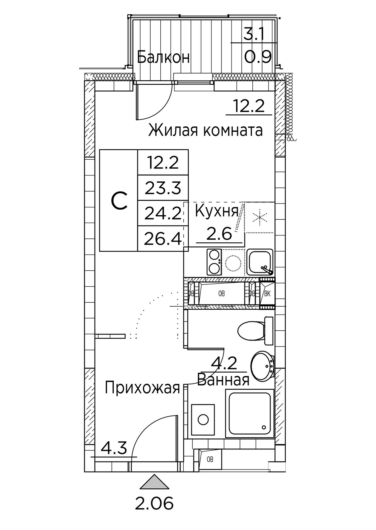 ЖК Гринхилс (Greenhills), Студия 26,4 м2, за 5 211 959 ₽, 3 этаж