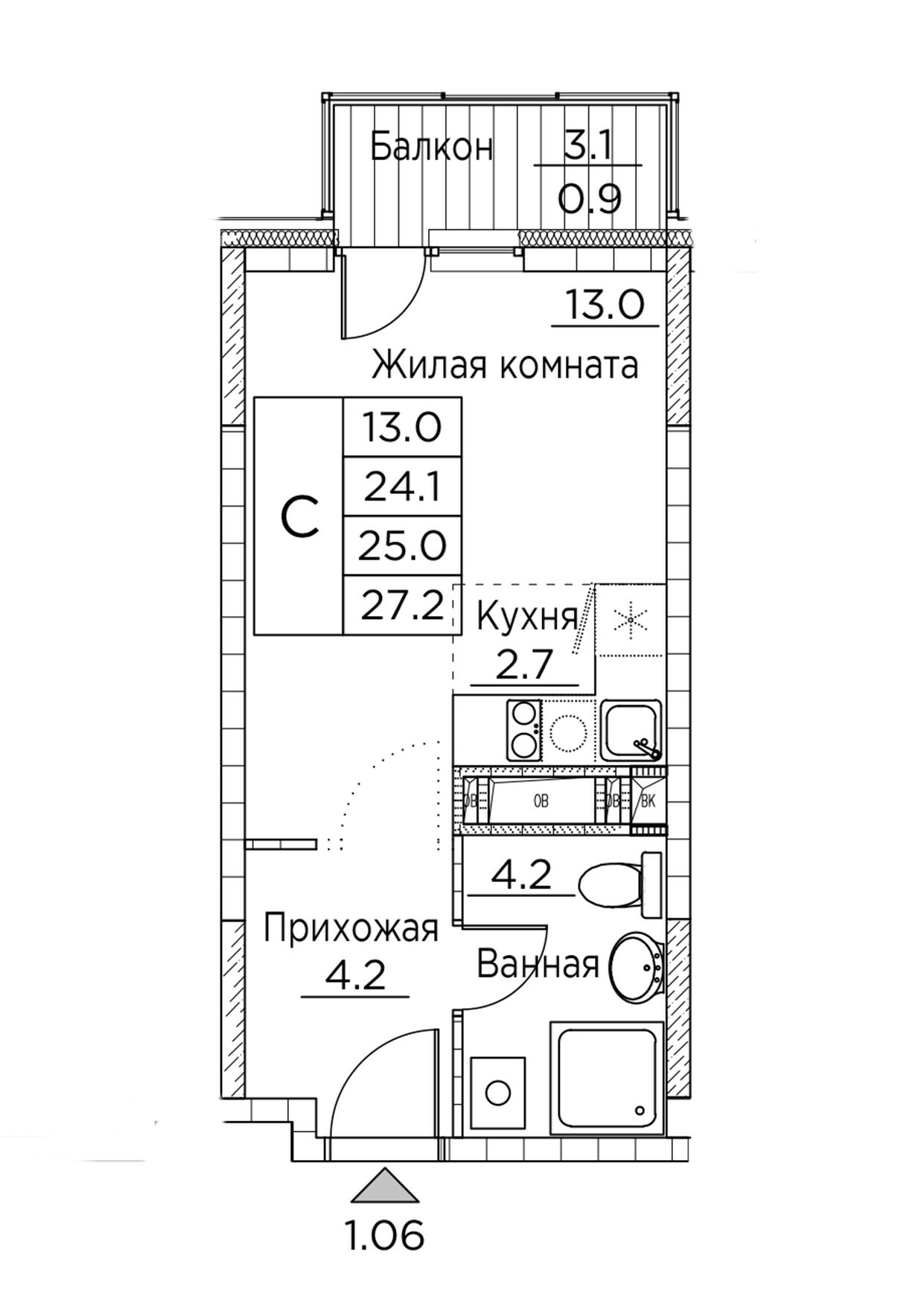 ЖК Гринхилс (Greenhills), Студия 27,2 м2, за 5 500 121 ₽, 3 этаж