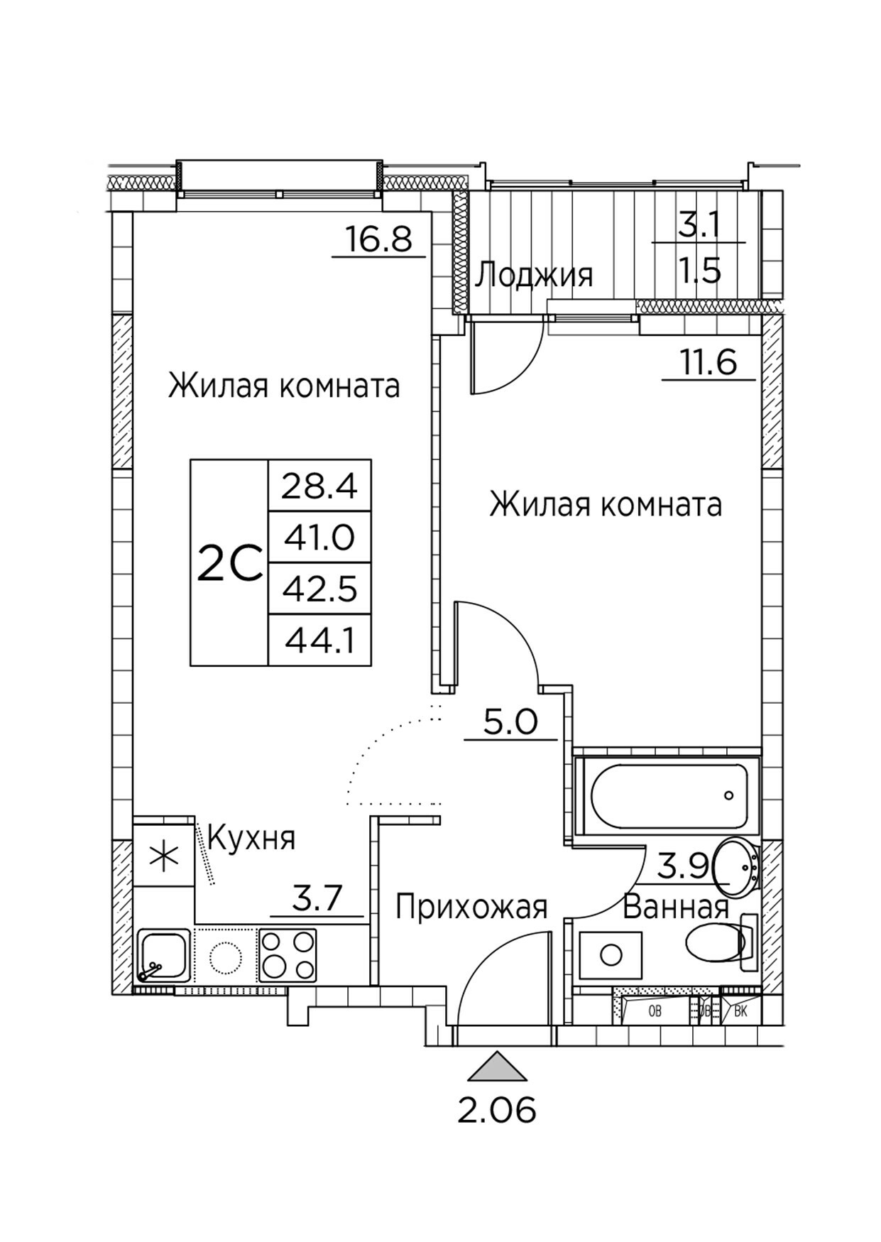 ЖК Гринхилс (Greenhills), 2-комн кв 44,1 м2, за 8 193 386 ₽, 3 этаж