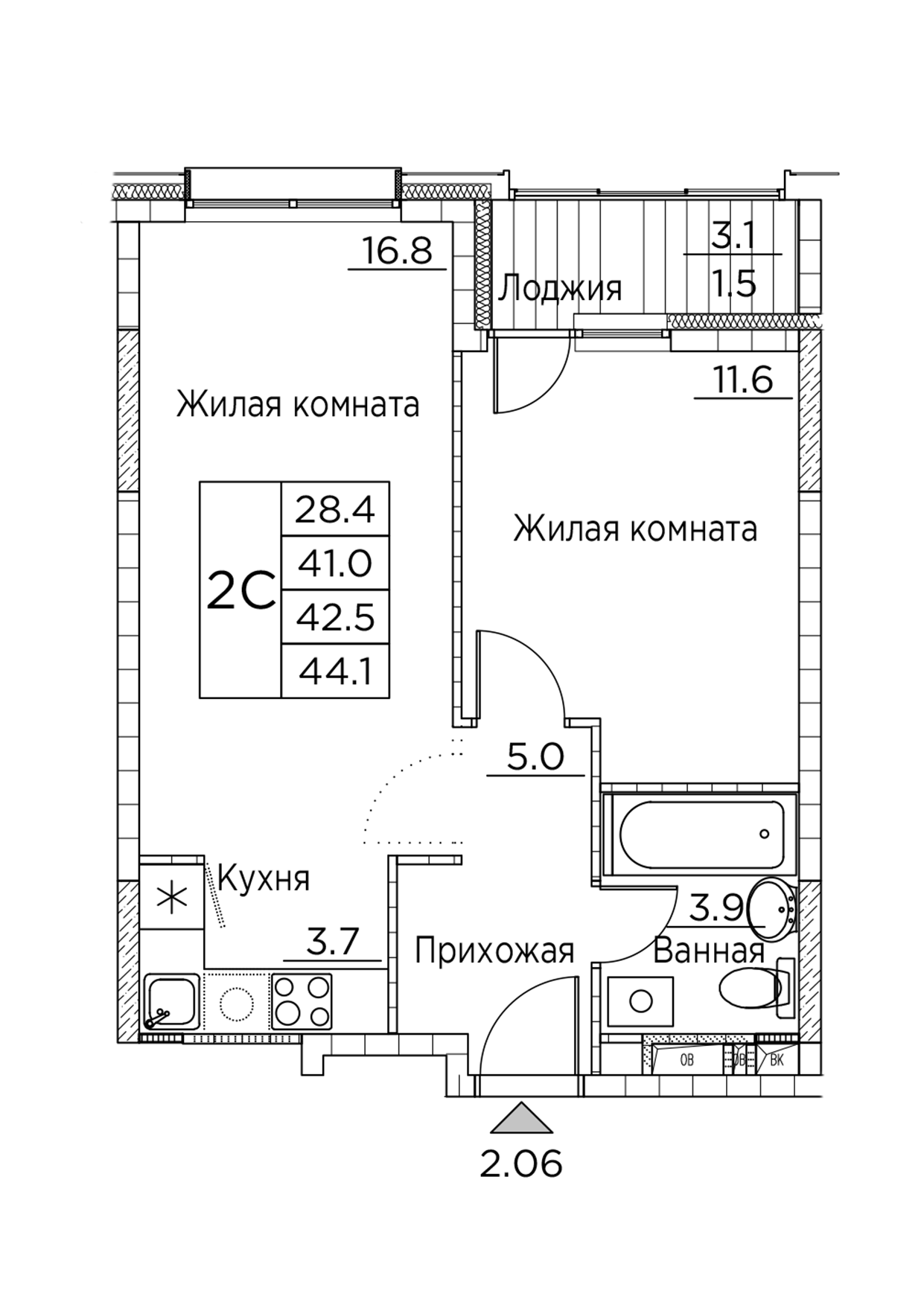 ЖК Гринхилс (Greenhills), 2-комн кв 44,1 м2, за 8 193 386 ₽, 3 этаж