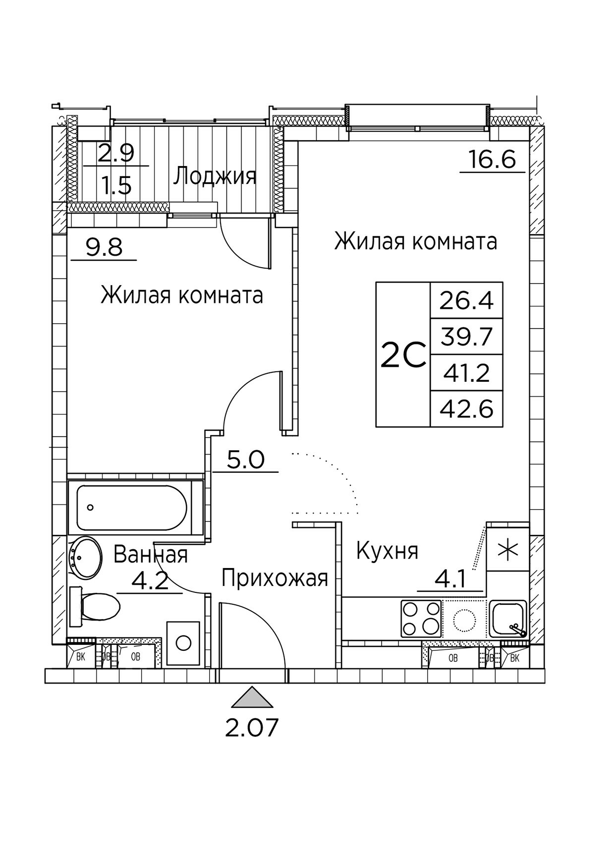 ЖК Гринхилс (Greenhills), 2-комн кв 42,6 м2, за 7 813 410 ₽, 3 этаж