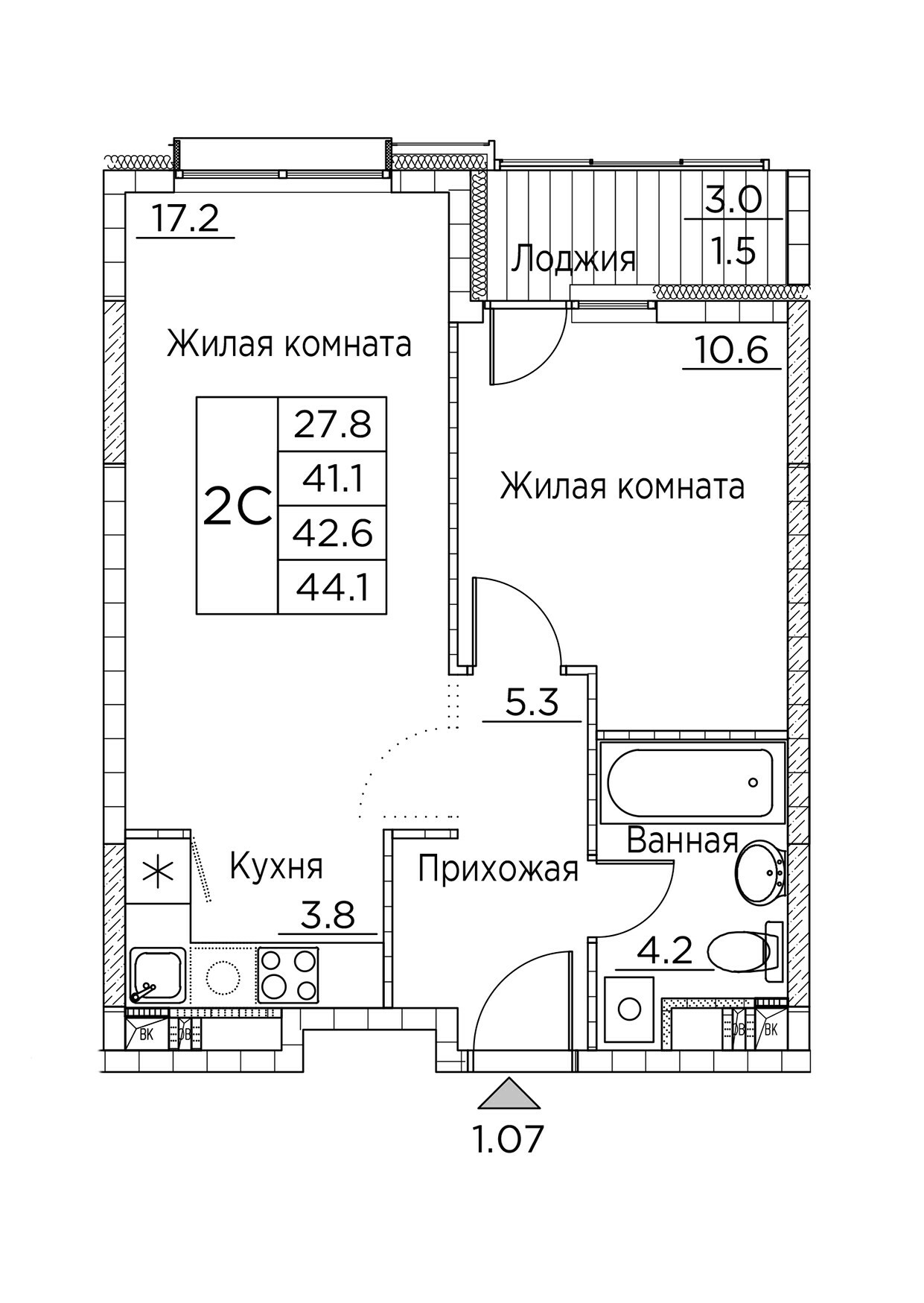 ЖК Гринхилс (Greenhills), 2-комн кв 44,1 м2, за 8 598 224 ₽, 3 этаж