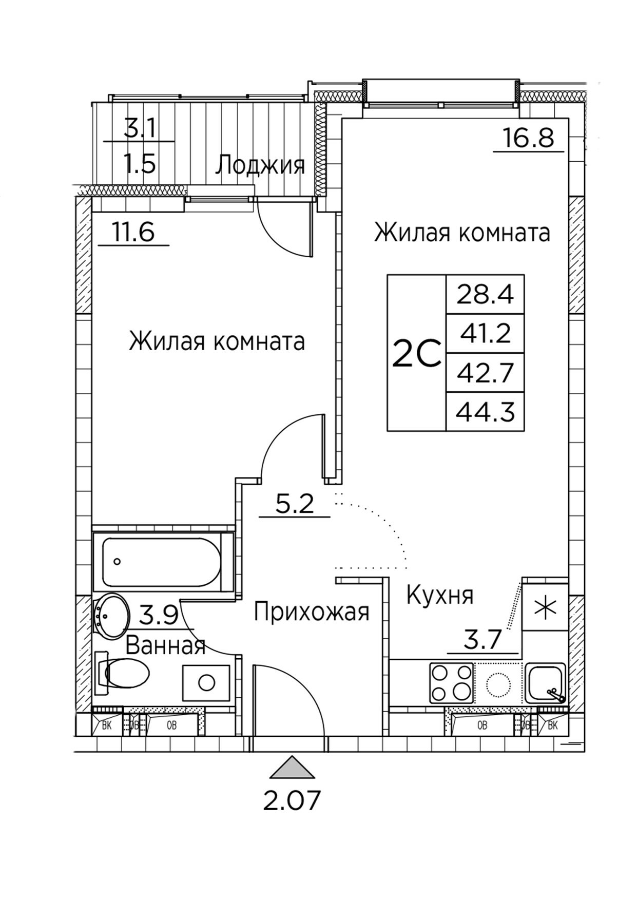 ЖК Гринхилс (Greenhills), 2-комн кв 44,3 м2, за 8 230 544 ₽, 3 этаж