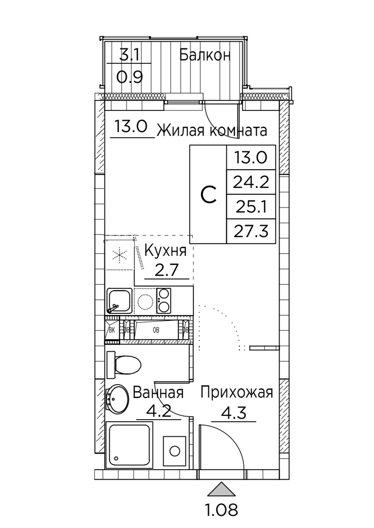 ЖК Гринхилс (Greenhills), Студия 27,3 м2, за 5 520 342 ₽, 3 этаж