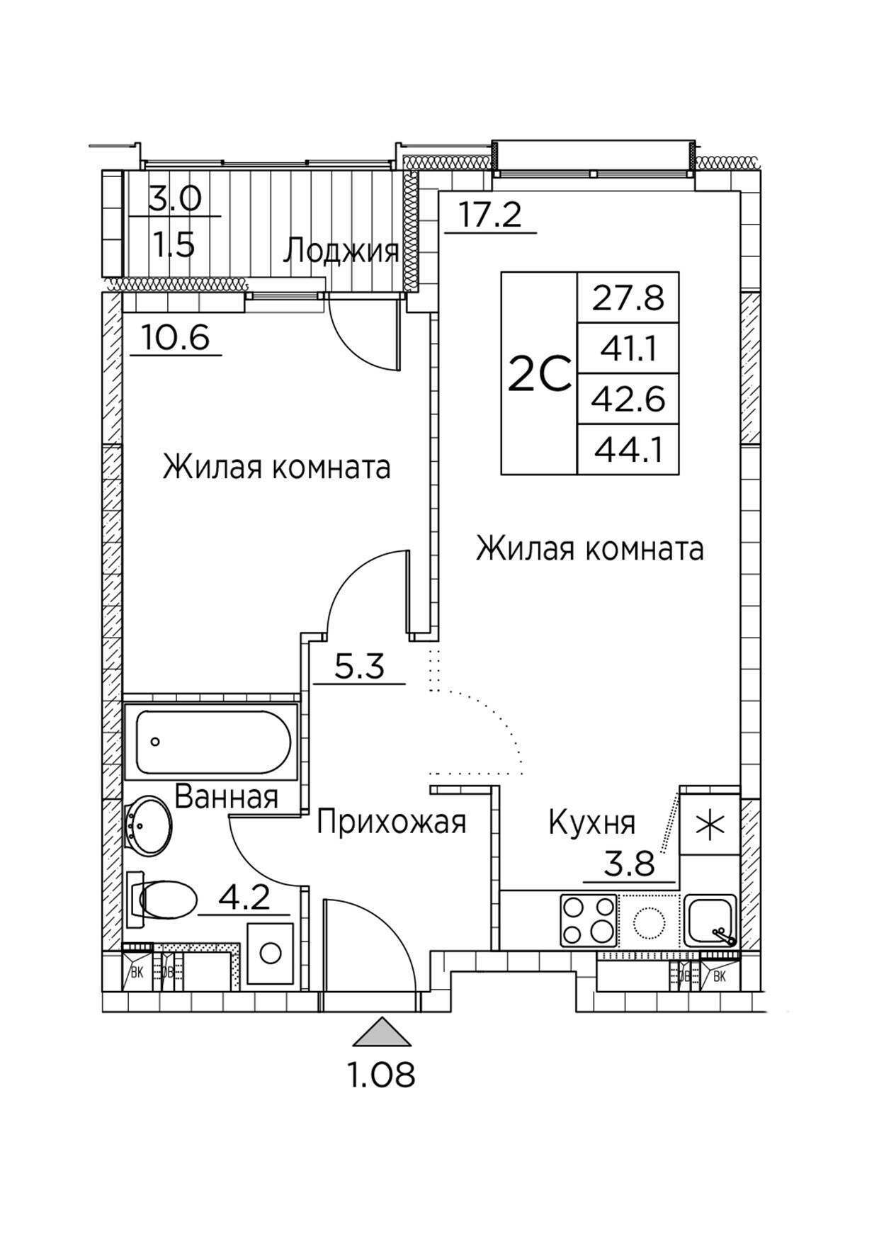 ЖК Гринхилс (Greenhills), 2-комн кв 44,1 м2, за 8 598 224 ₽, 3 этаж