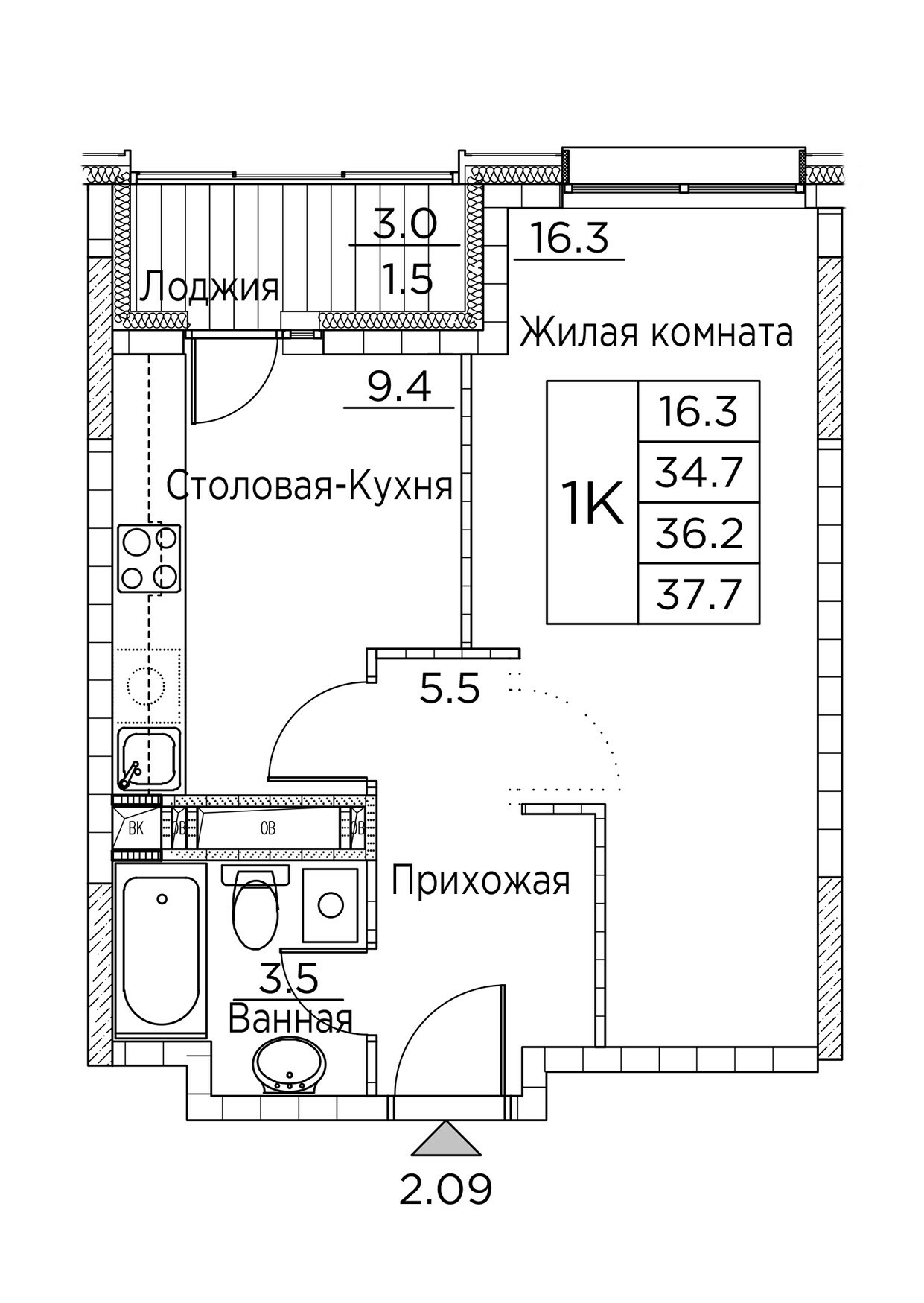 ЖК Гринхилс (Greenhills), 1-комн кв 37,7 м2, за 7 075 476 ₽, 3 этаж