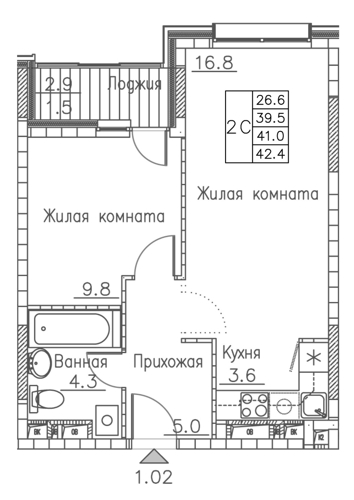 ЖК Гринхилс (Greenhills), 2-комн кв 42,4 м2, за 7 357 368 ₽, 5 этаж