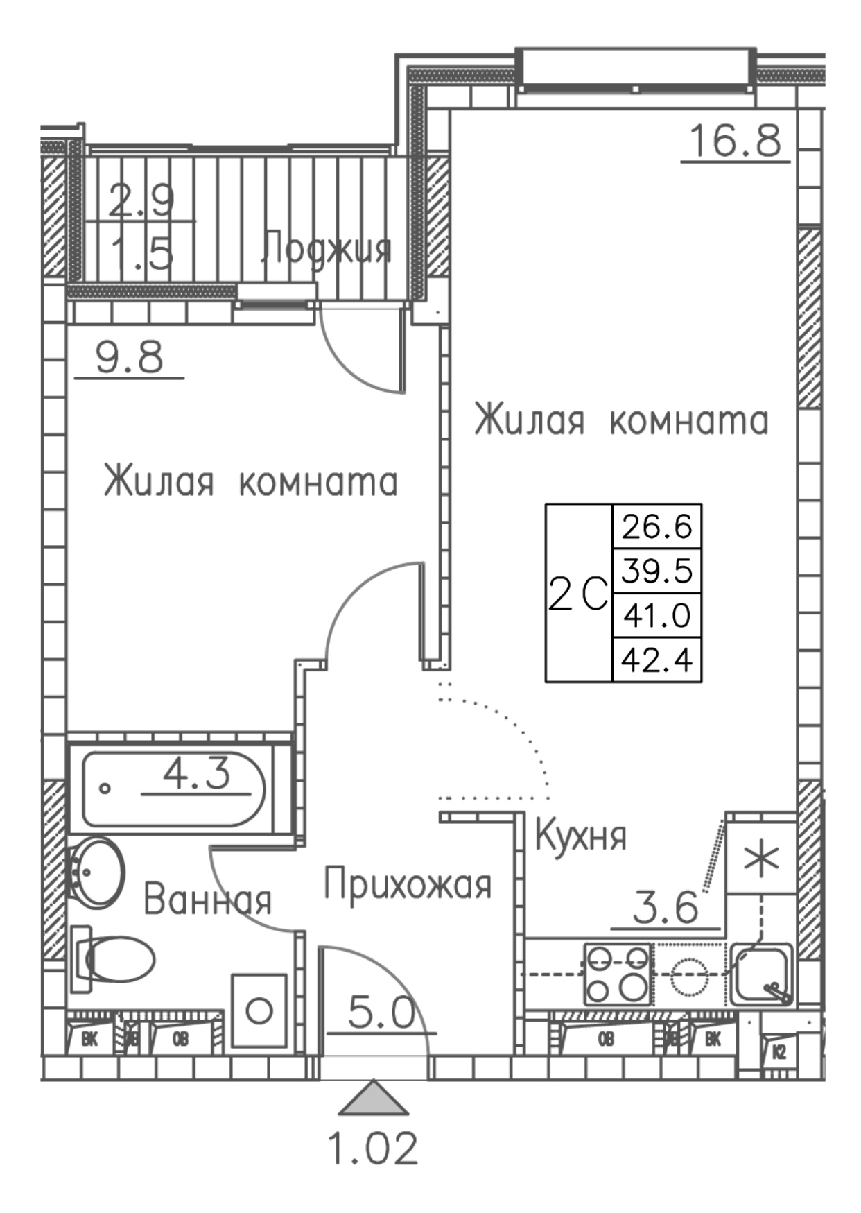 ЖК Гринхилс (Greenhills), 2-комн кв 42,4 м2, за 7 898 494 ₽, 7 этаж