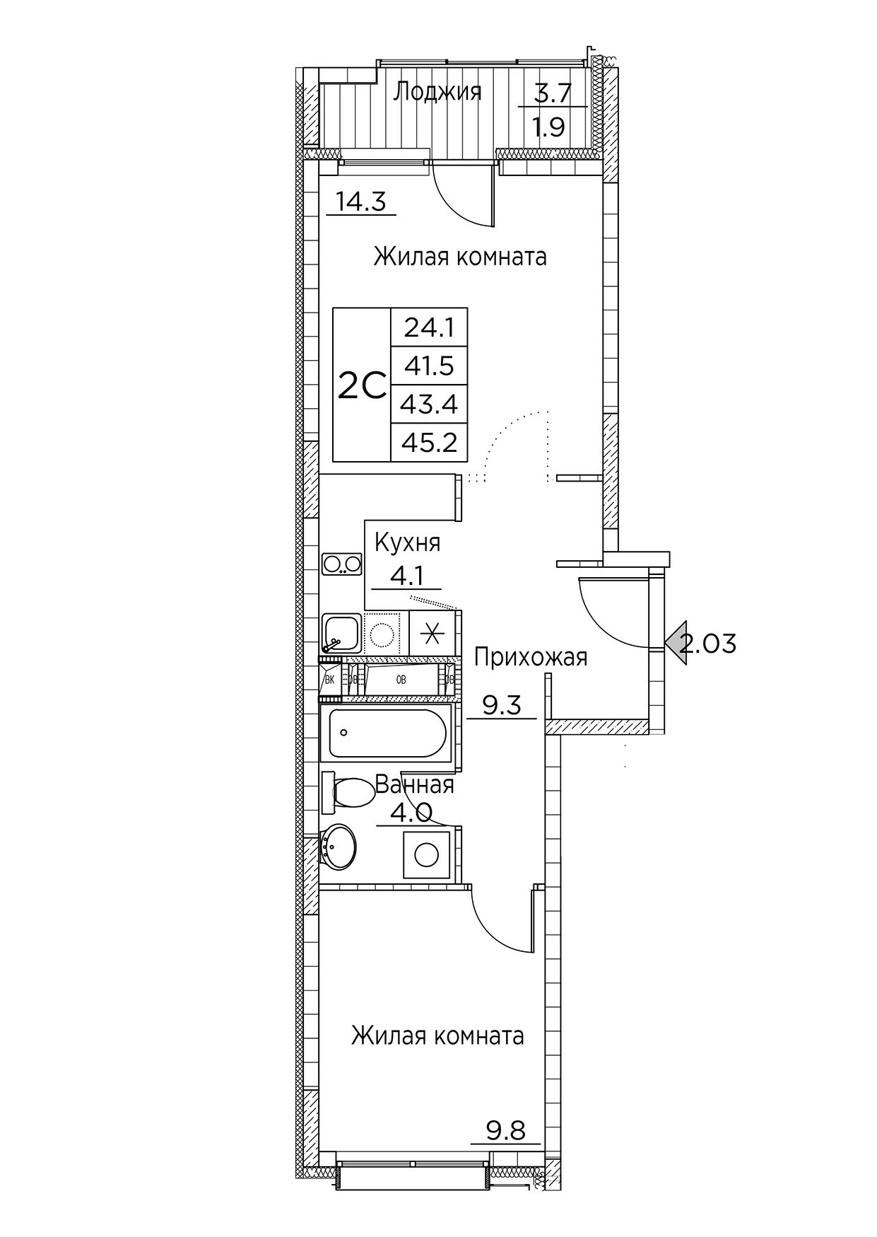 ЖК Гринхилс (Greenhills), 2-комн кв 45,2 м2, за 7 428 487 ₽, 4 этаж