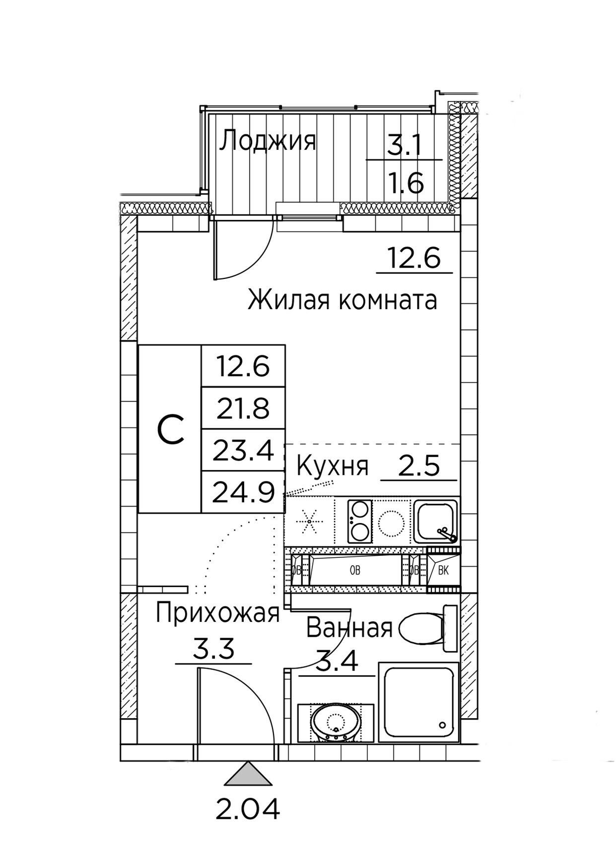 ЖК Гринхилс (Greenhills), Студия 24,9 м2, за 4 556 547 ₽, 4 этаж