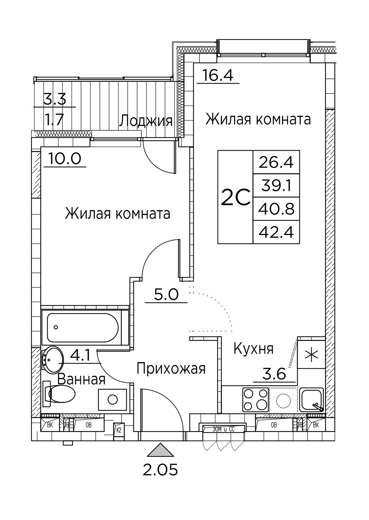 ЖК Гринхилс (Greenhills), 2-комн кв 42,4 м2, за 7 312 552 ₽, 4 этаж