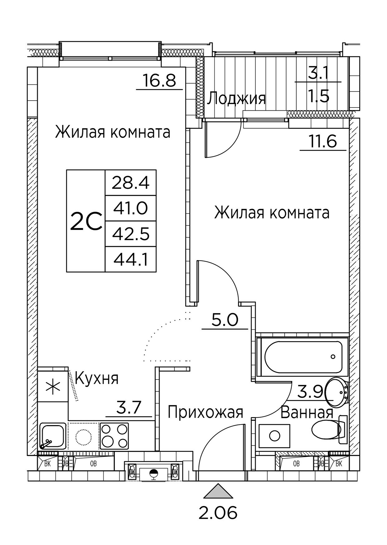 ЖК Гринхилс (Greenhills), 2-комн кв 44,1 м2, за 7 605 744 ₽, 4 этаж