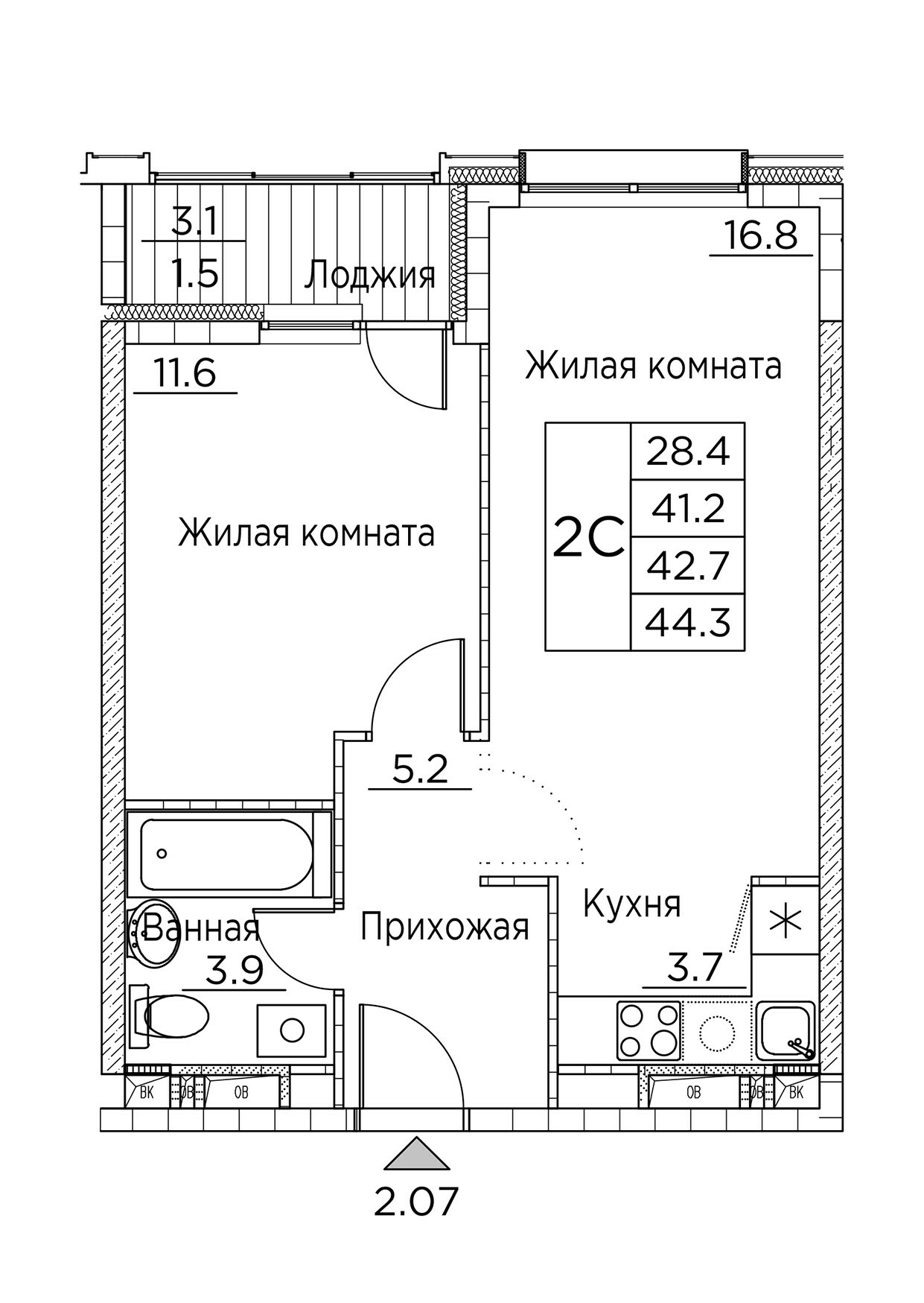 ЖК Гринхилс (Greenhills), 2-комн кв 44,3 м2, за 7 640 237 ₽, 4 этаж