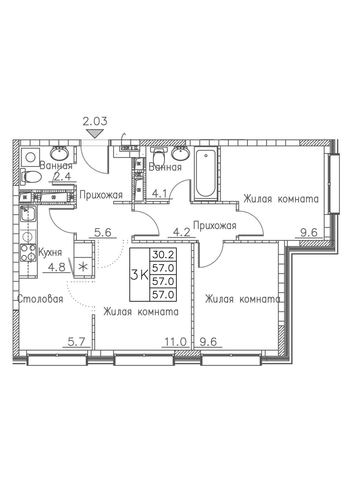 ЖК Гринхилс (Greenhills), 3-комн кв 57,0 м2, за 8 752 749 ₽, 3 этаж