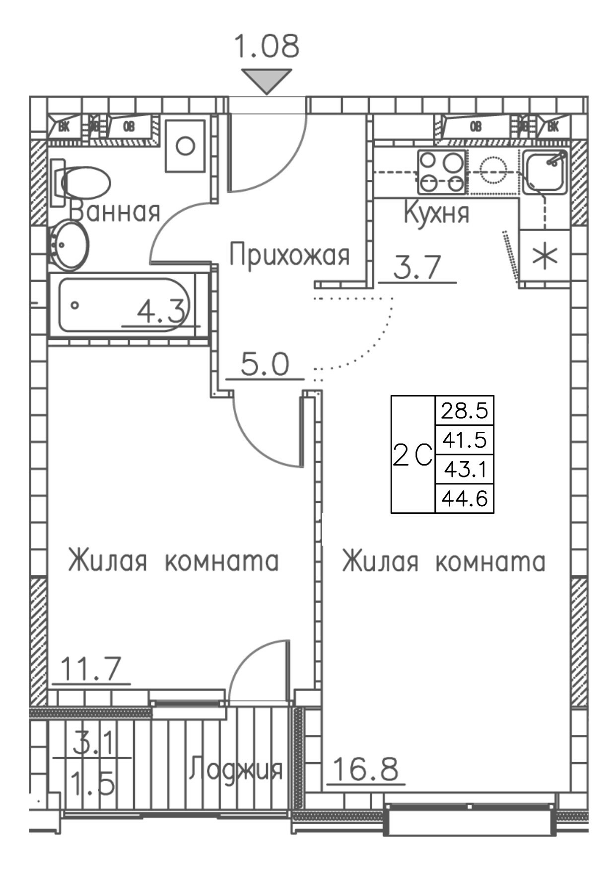 ЖК Гринхилс (Greenhills), 2-комн кв 44,6 м2, за 7 659 230 ₽, 4 этаж