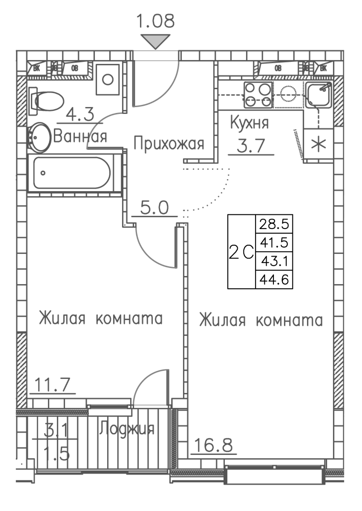 ЖК Гринхилс (Greenhills), 2-комн кв 44,6 м2, за 7 739 118 ₽, 5 этаж