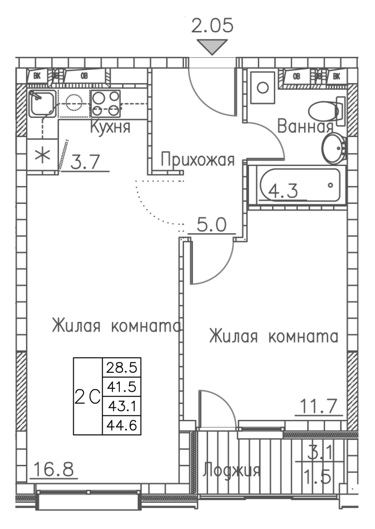 ЖК Гринхилс (Greenhills), 2-комн кв 44,6 м2, за 7 186 156 ₽, 4 этаж