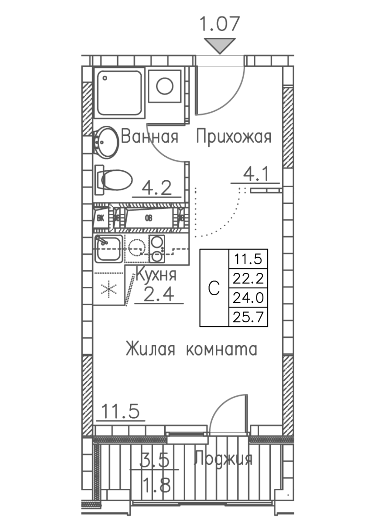 ЖК Гринхилс (Greenhills), Студия 25,7 м2, за 5 452 256 ₽, 12 этаж