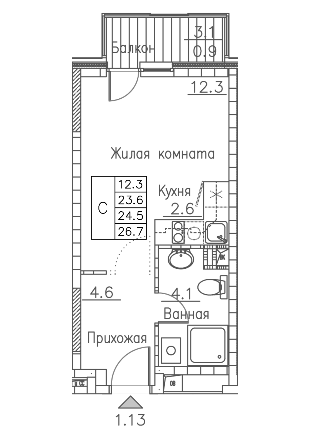 ЖК Гринхилс (Greenhills), Студия 26,7 м2, за 4 429 968 ₽, 2 этаж