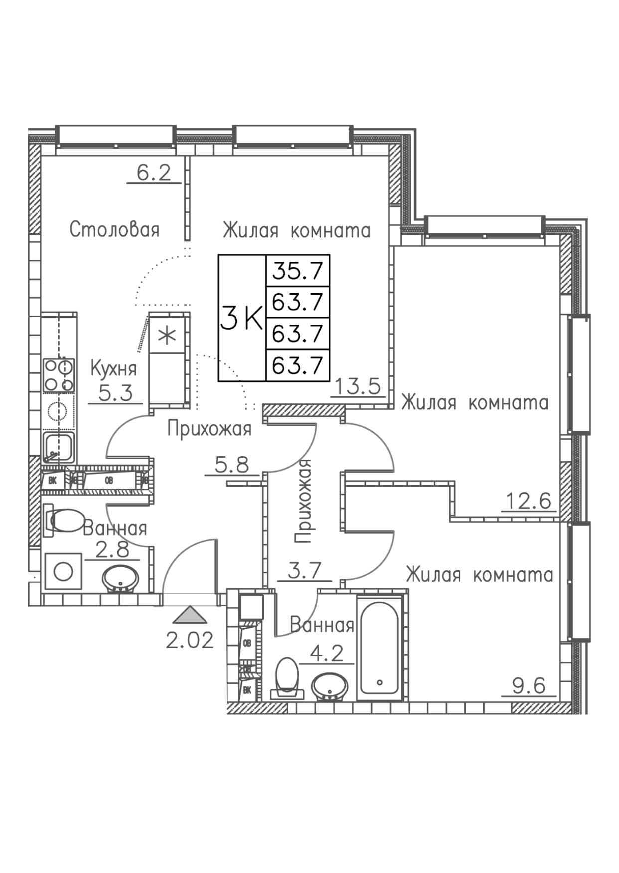 ЖК Гринхилс (Greenhills), 3-комн кв 63,7 м2, за 10 958 439 ₽, 2 этаж