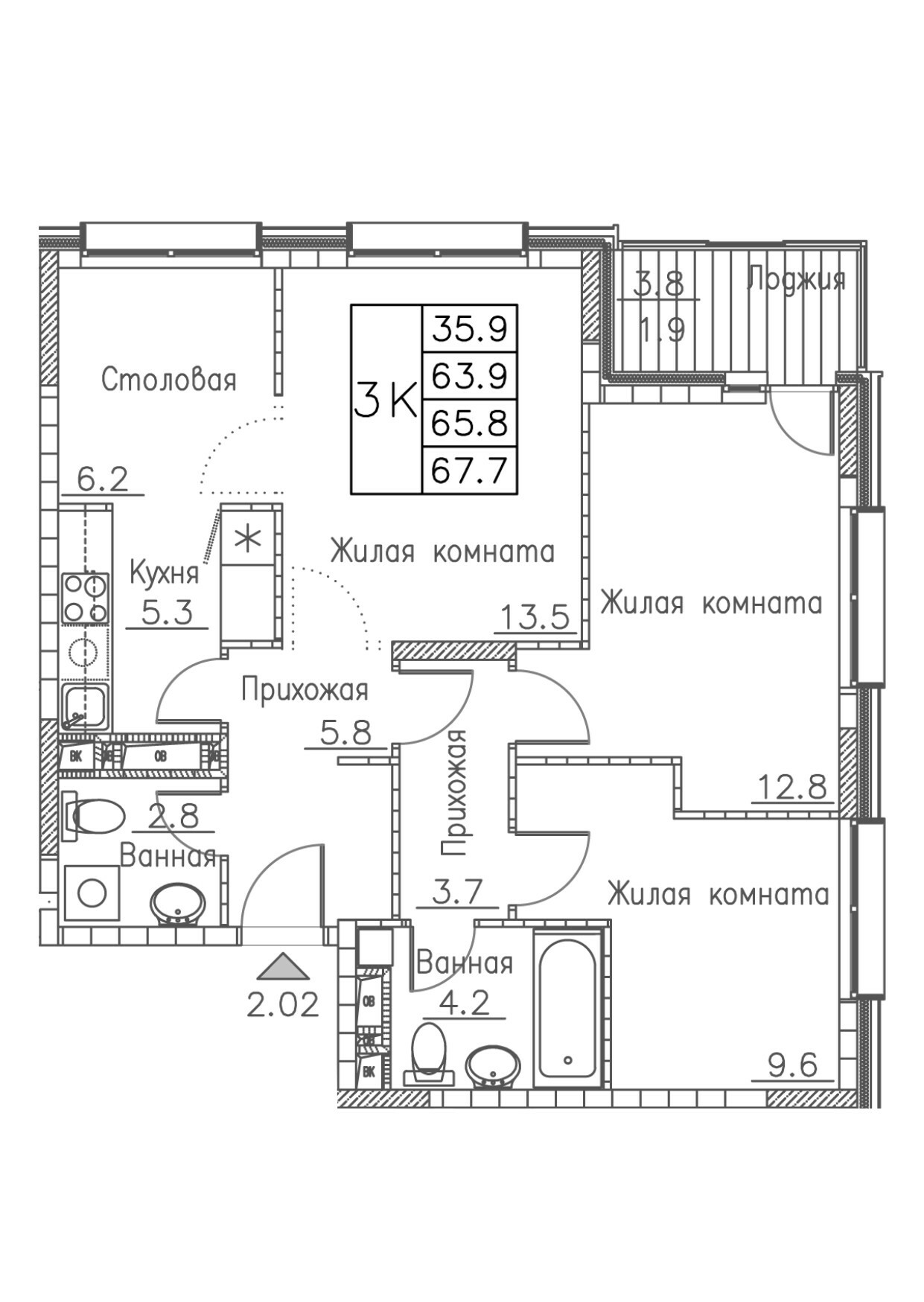 ЖК Гринхилс (Greenhills), 3-комн кв 67,7 м2, за 10 364 739 ₽, 4 этаж