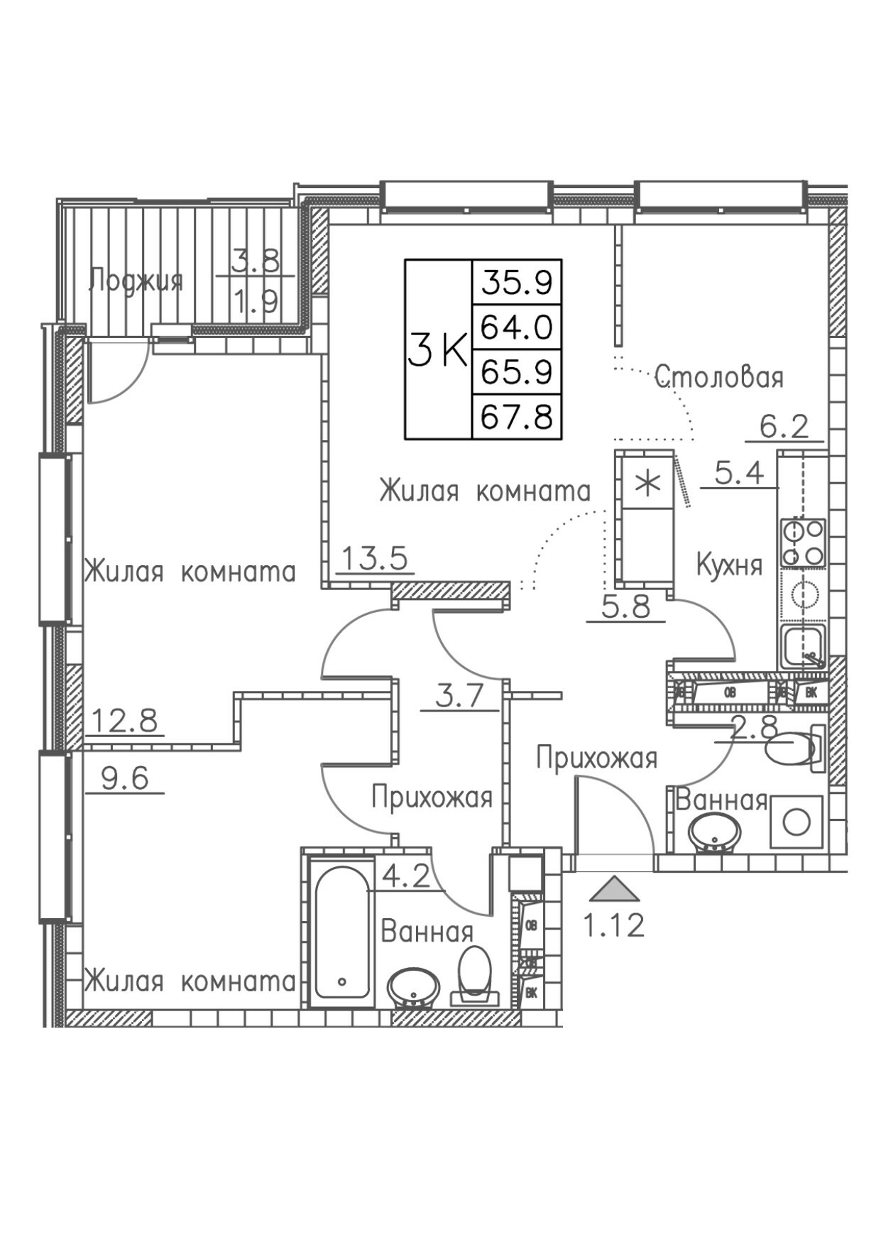 ЖК Гринхилс (Greenhills), 3-комн кв 67,8 м2, за 10 161 570 ₽, 3 этаж