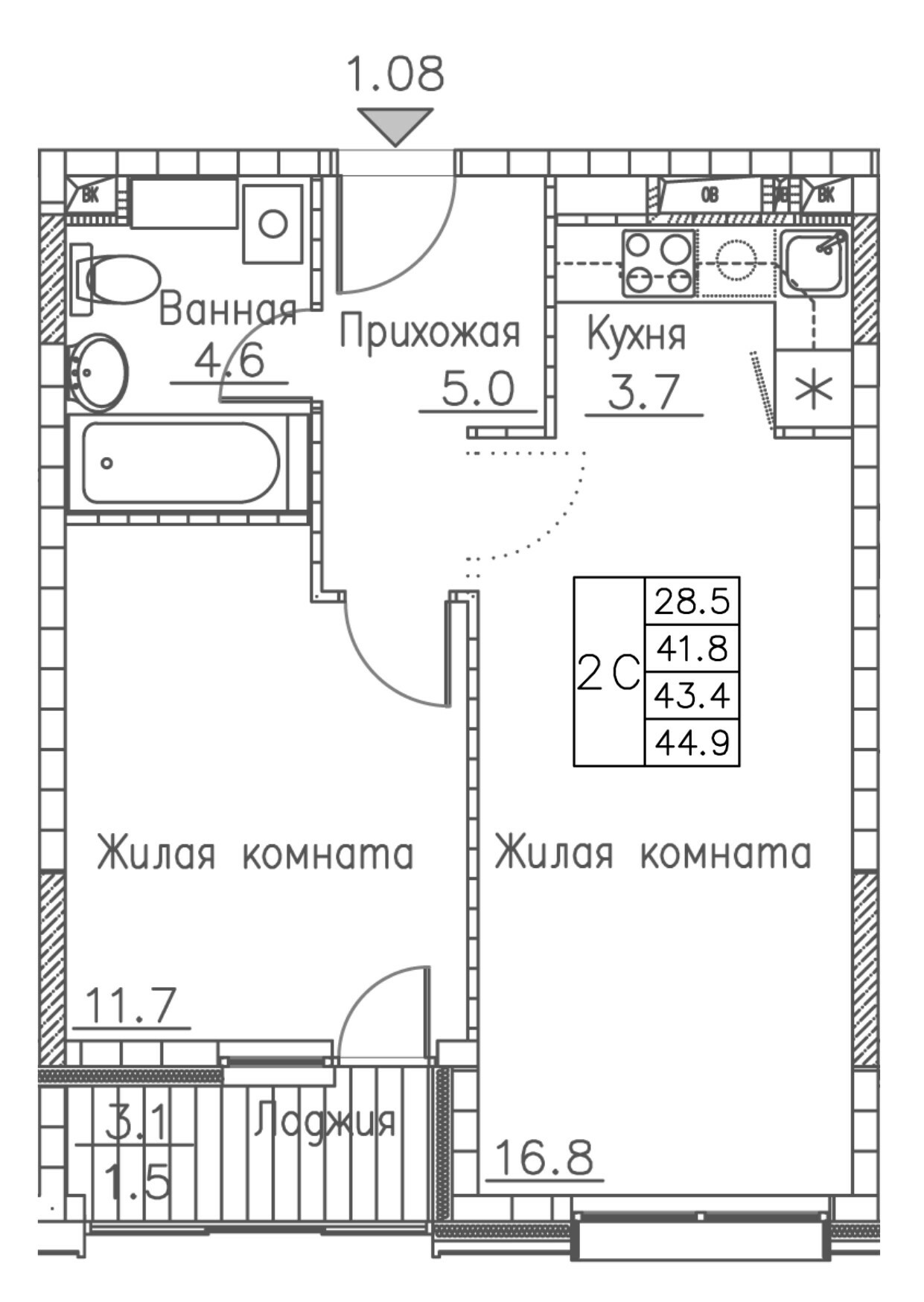 ЖК Гринхилс (Greenhills), 2-комн кв 44,9 м2, за 7 082 222 ₽, 3 этаж