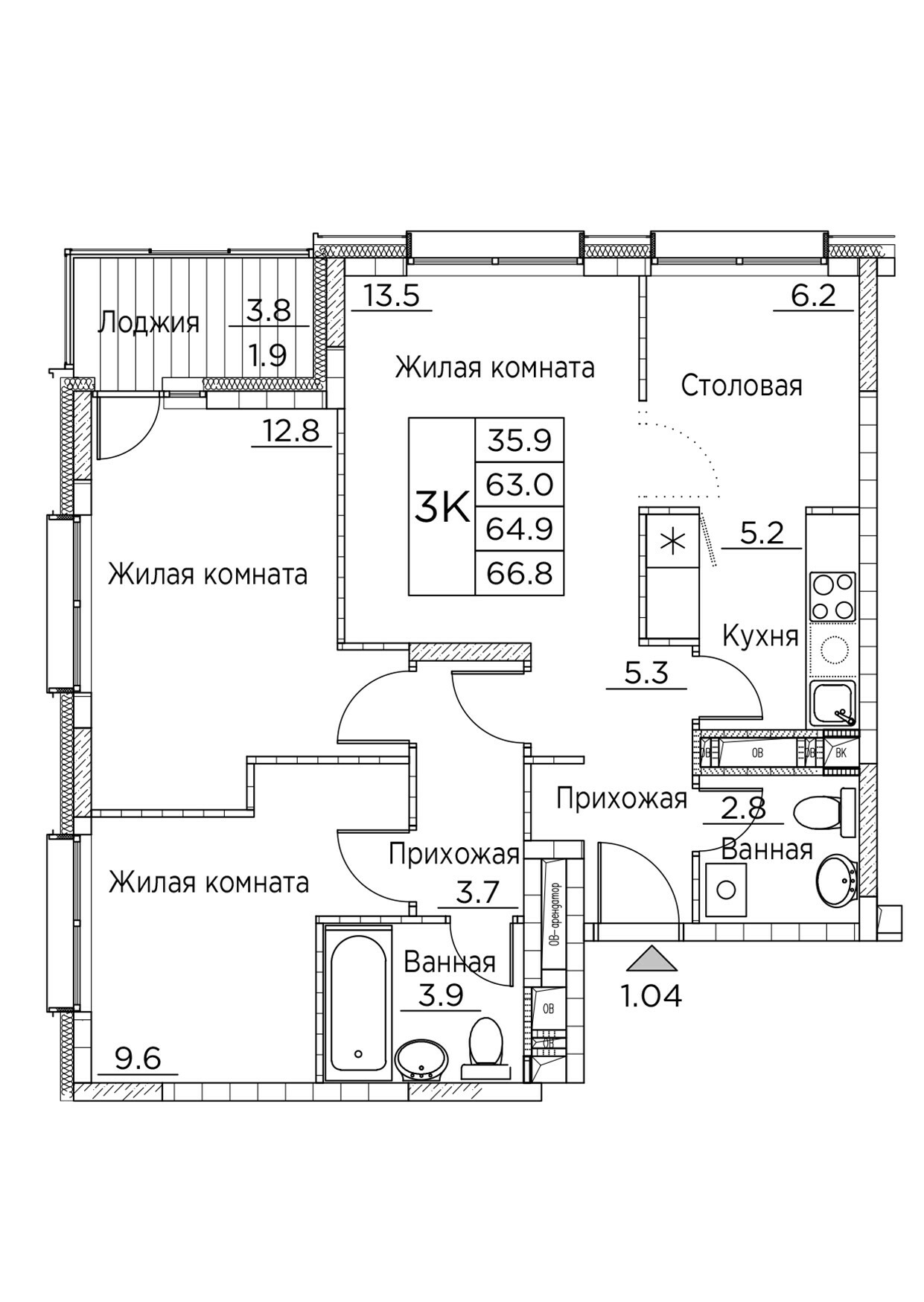 ЖК Гринхилс (Greenhills), 3-комн кв 66,8 м2, за 11 176 552 ₽, 4 этаж