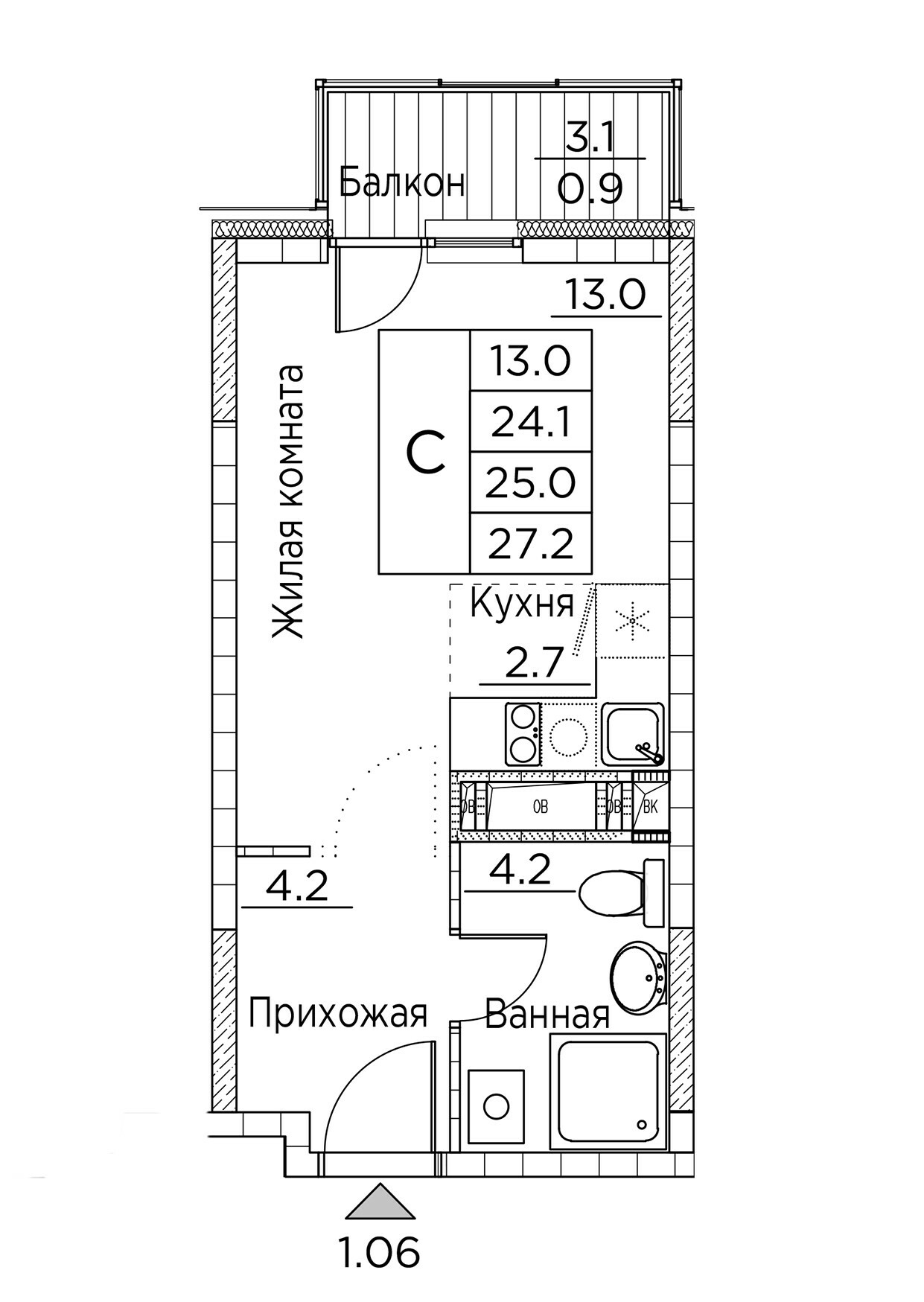 ЖК Гринхилс (Greenhills), Студия 27,2 м2, за 6 214 337 ₽, 16 этаж