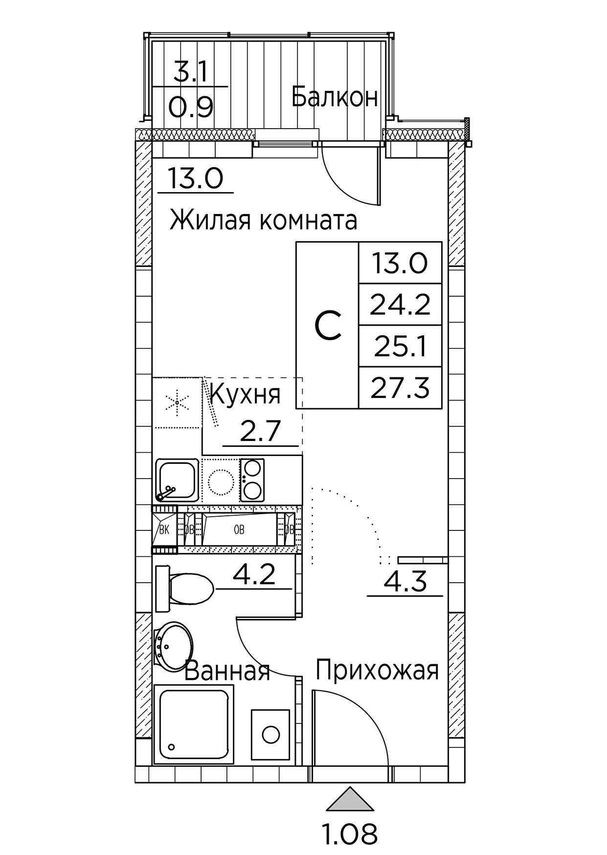 ЖК Гринхилс (Greenhills), Студия 27,3 м2, за 6 237 183 ₽, 16 этаж