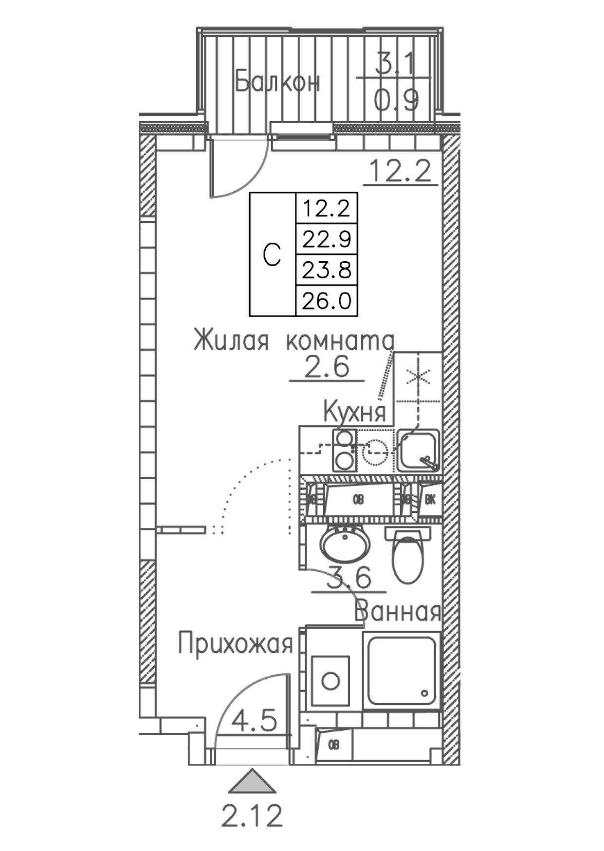 ЖК Гринхилс (Greenhills), Студия 26,0 м2, за 5 416 802 ₽, 15 этаж