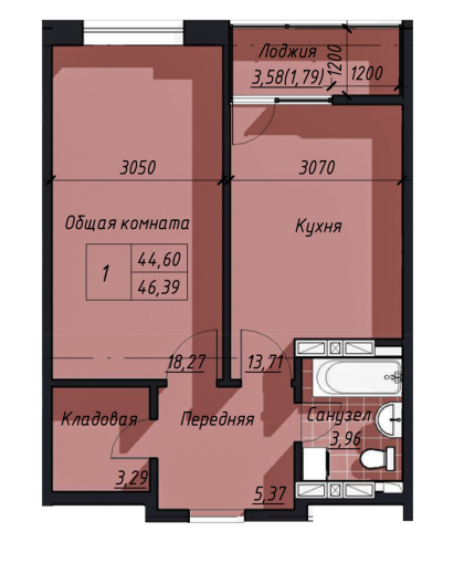 Доступные планировки в ЖК Долина, 48,1 м2