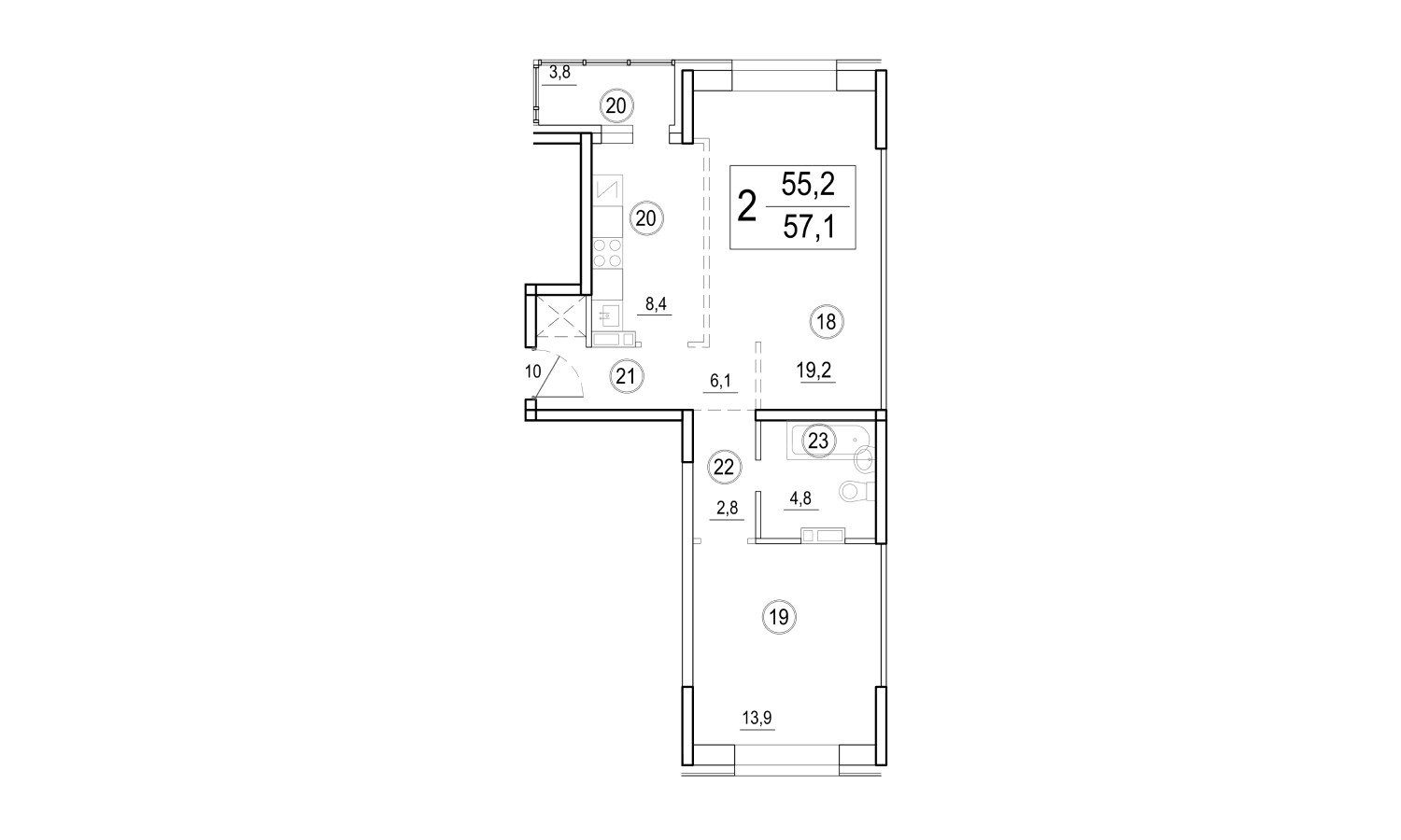 ЖК Домино, 2-комн кв 57,1 м2, за 8 485 301 ₽, 3 этаж