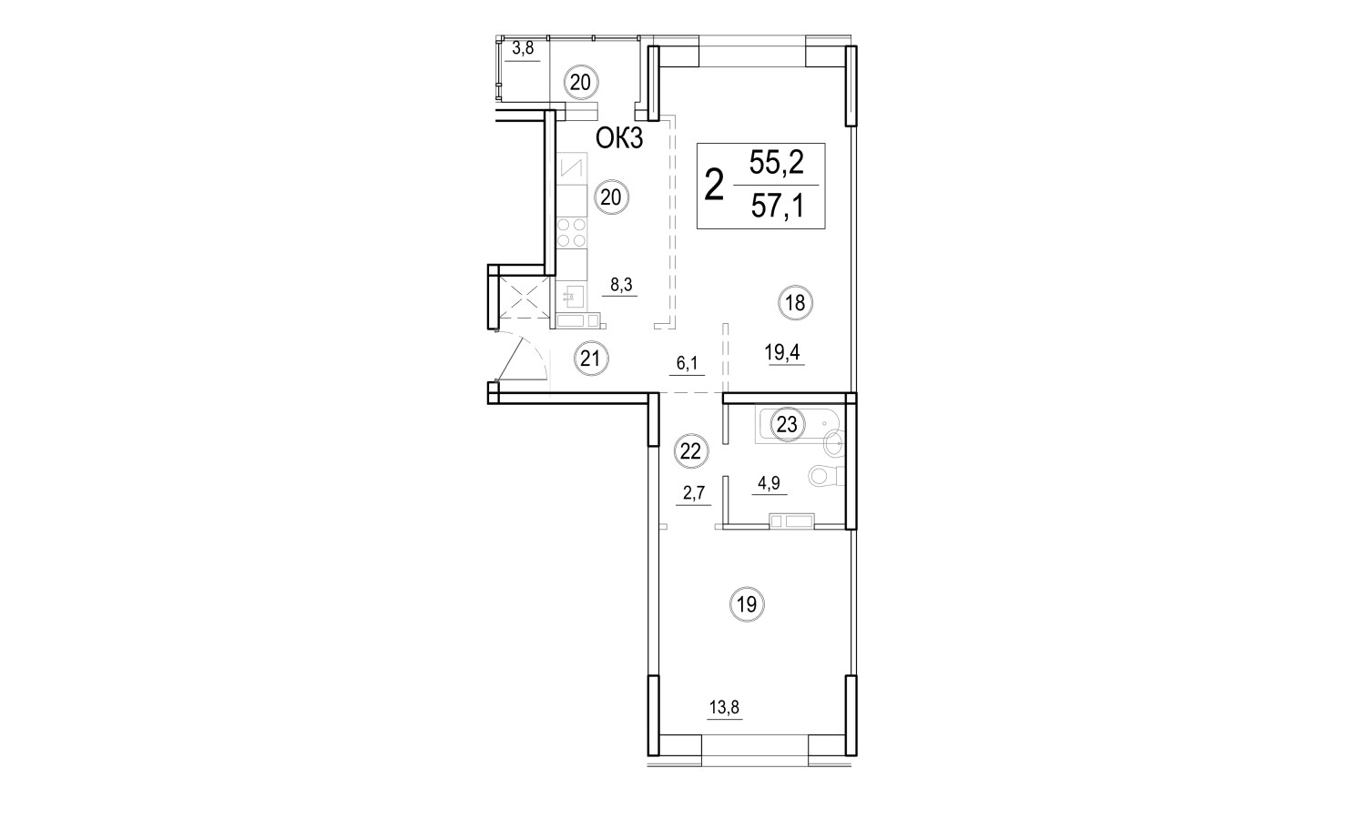 ЖК Домино, 2-комн кв 57,1 м2, за 8 777 897 ₽, 4 этаж