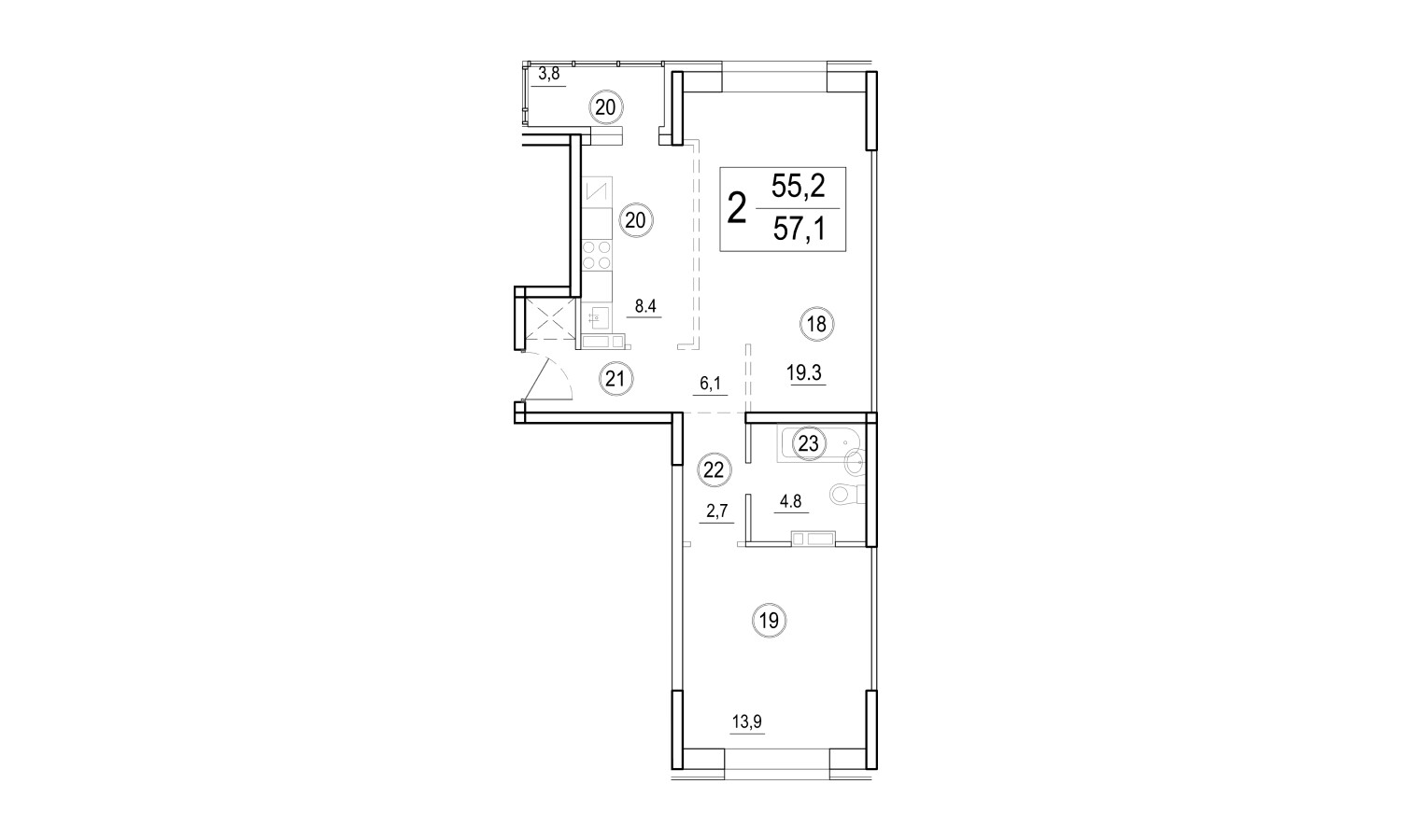 ЖК Домино, 2-комн кв 57,1 м2, за 8 777 897 ₽, 5 этаж