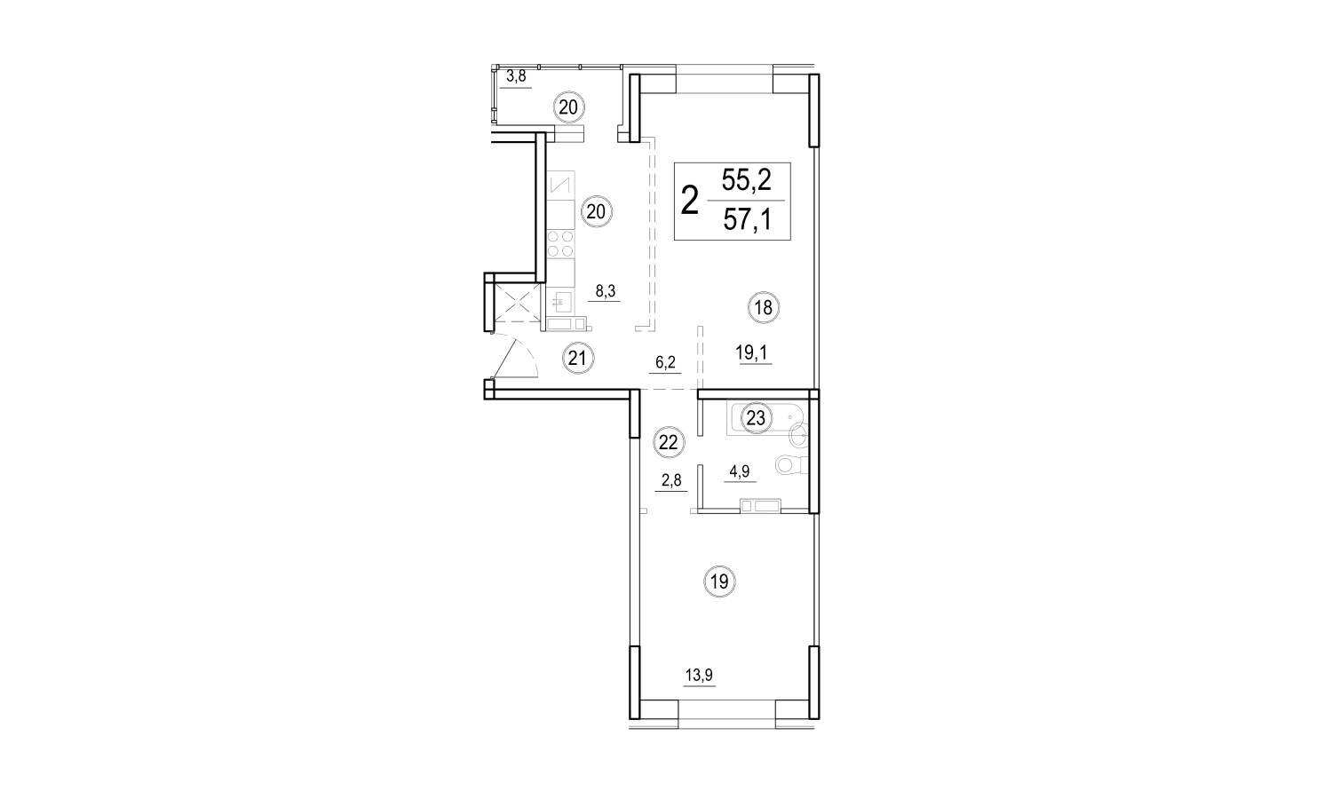 ЖК Домино, 2-комн кв 57,1 м2, за 8 777 897 ₽