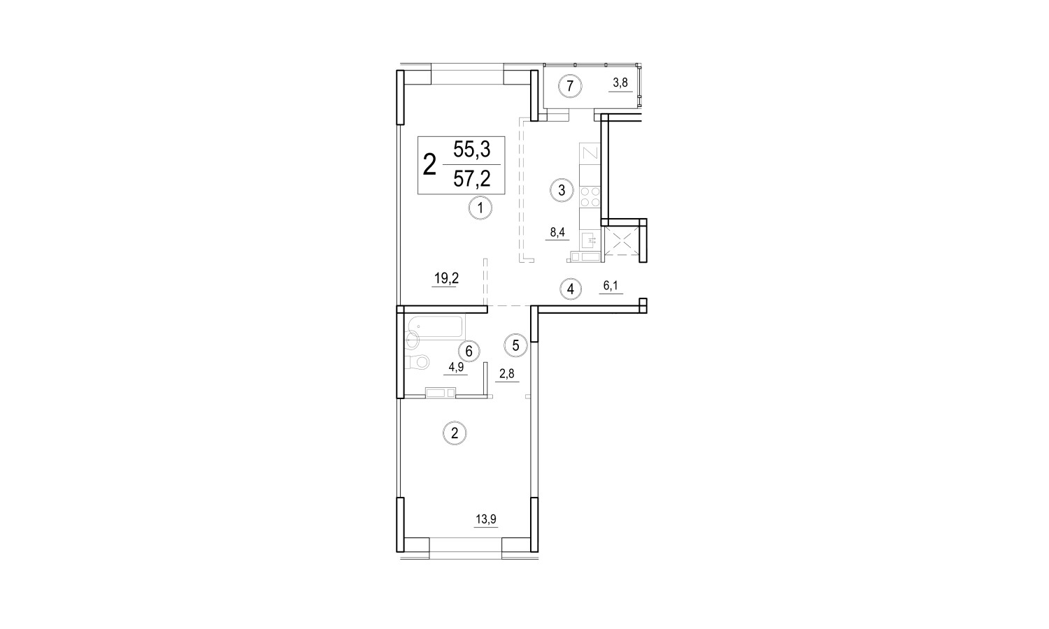 ЖК Домино, 2-комн кв 57,2 м2, за 8 793 270 ₽, 5 этаж