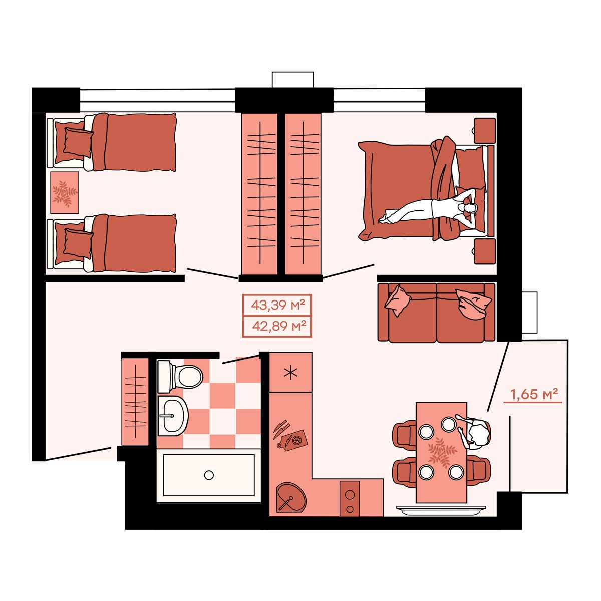 ЖК Клубный (Жилой квартал Suncity), 3-комн кв 43,39 м2, за 6 204 770 ₽, 2 этаж