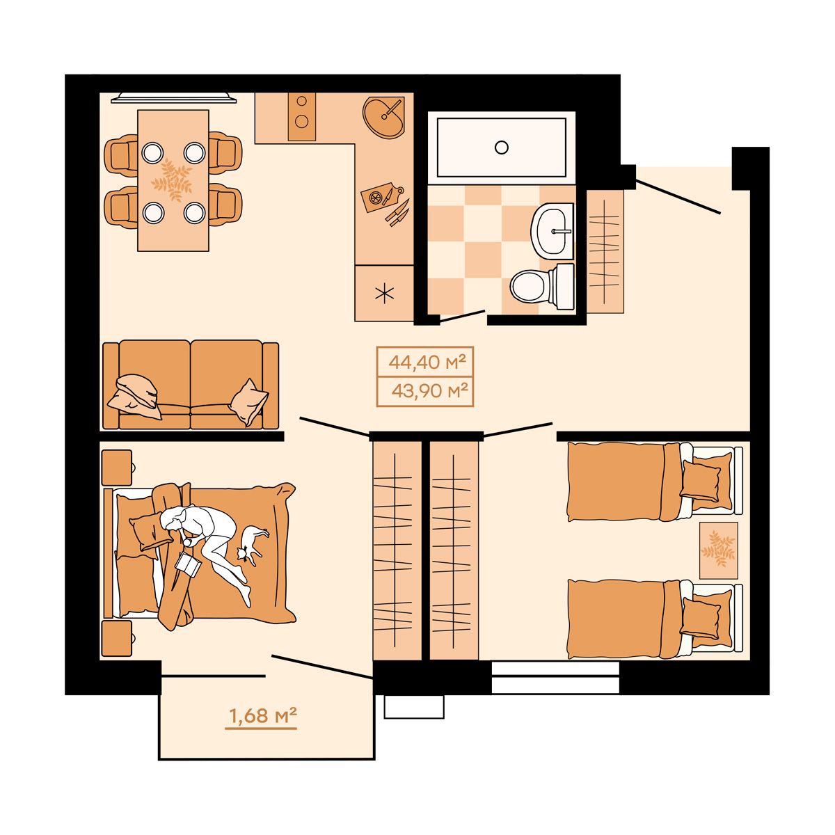 ЖК Клубный (Жилой квартал Suncity), 2-комн кв 44,4 м2, за 6 082 800 ₽, 2 этаж