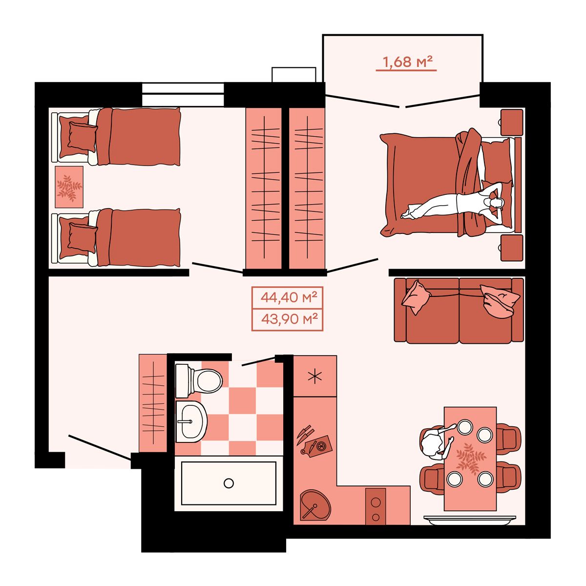 ЖК Клубный (Жилой квартал Suncity), 2-комн кв 44,4 м2, за 6 127 200 ₽, 3 этаж