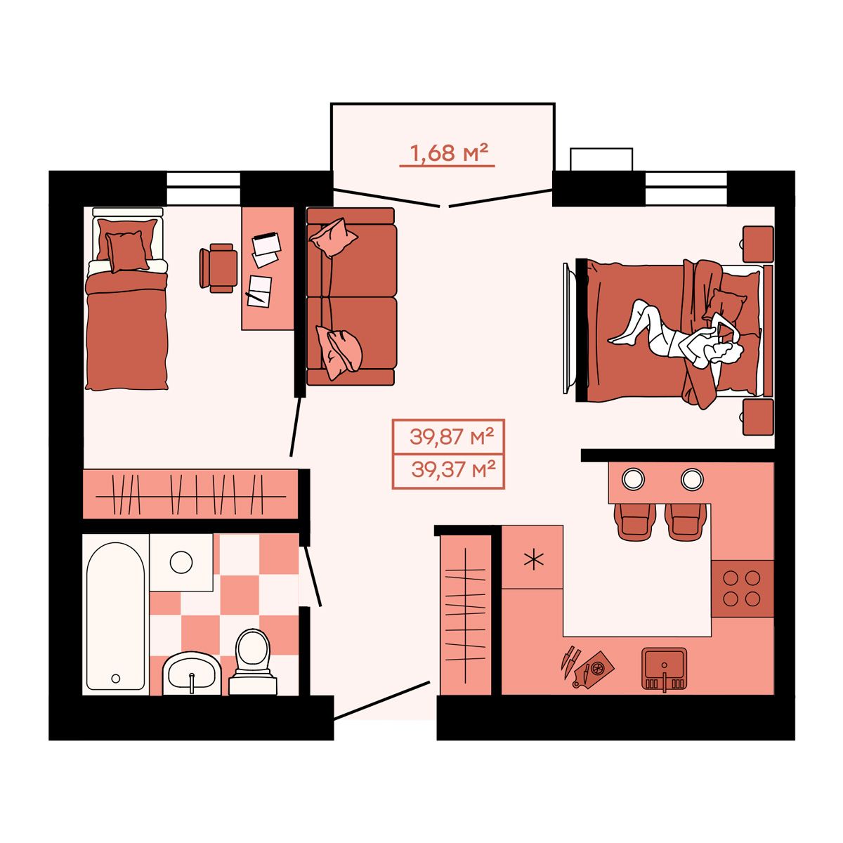 ЖК Клубный (Жилой квартал Suncity), 2-комн кв 39,87 м2, за 5 502 060 ₽, 3 этаж